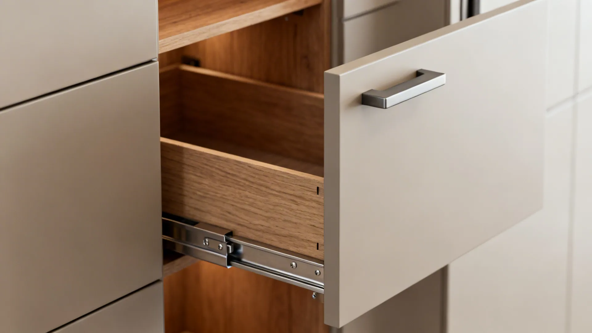 Macro of matte handleless pantry front with soft-close pull-out tray and metal runners.