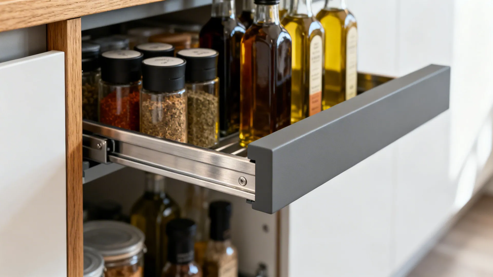 Macro of a premium pantry pull-out with neatly organized spices and oak trim.