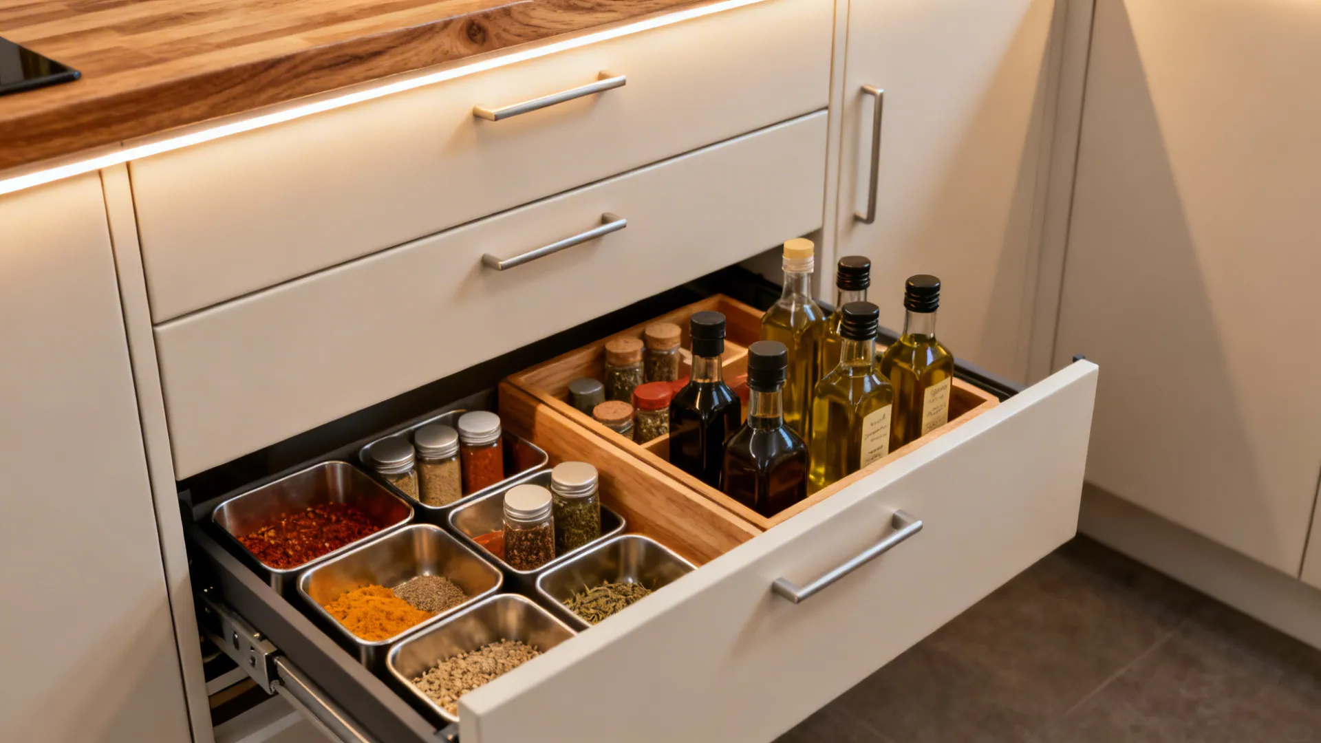 Macro of a tall pantry pullout with organized spices under warm LED lighting in a matte cabinet.