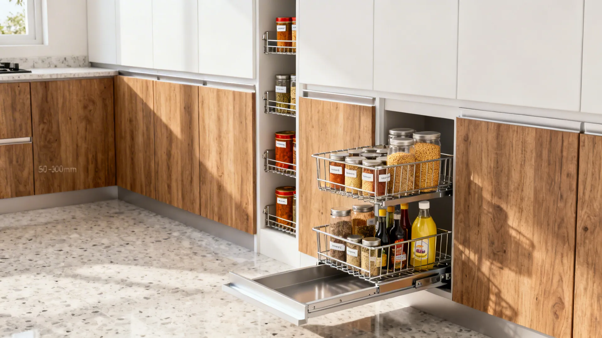 Kitchen pull-out pantry storage with spice jars, wooden cabinets, white units, and stone tile floor