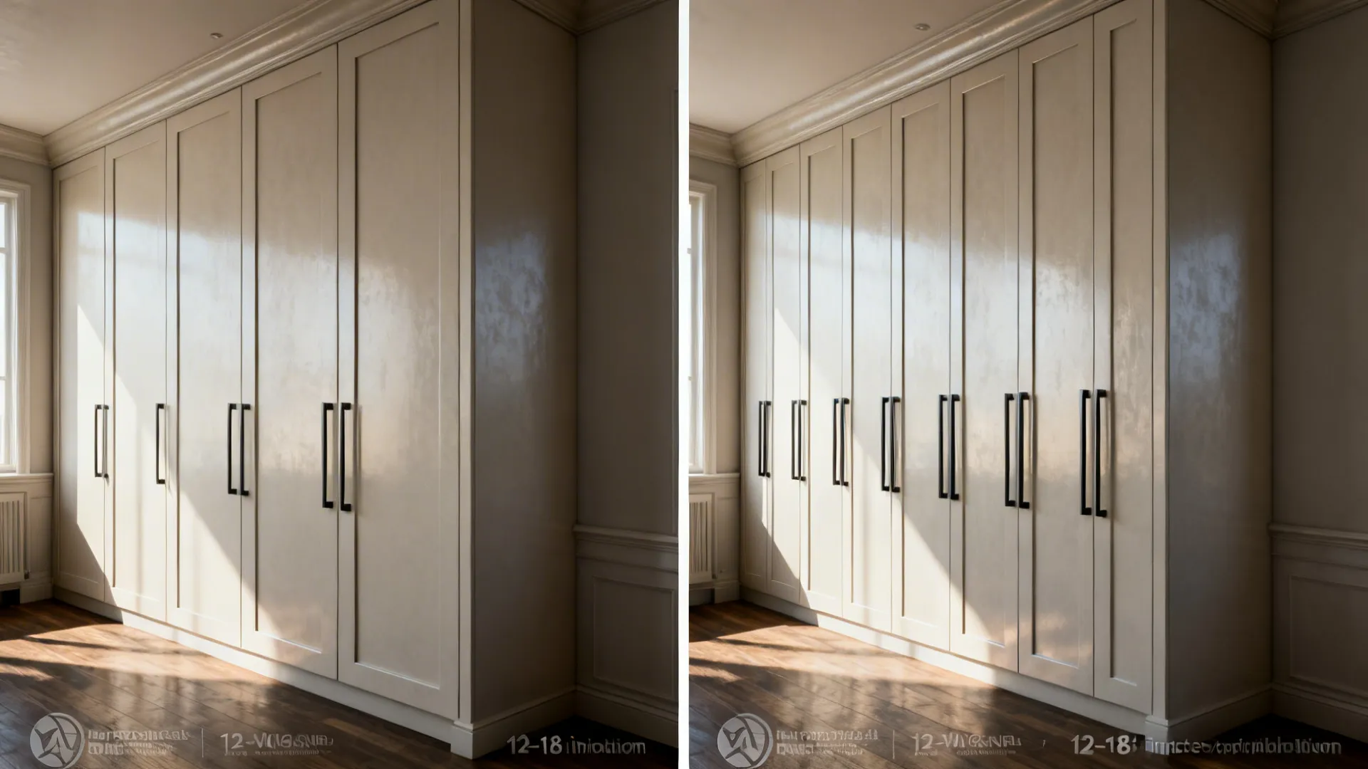 Split view showing tall pantry before and after adding aligned oversized pulls.