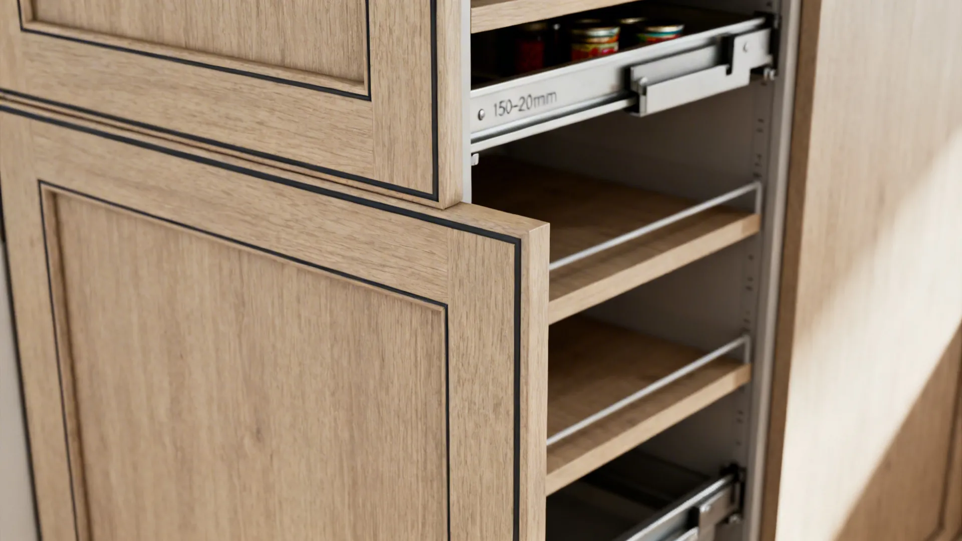 Macro of a tall pantry roll-out with closely spaced adjustable shelves and soft-close slides.