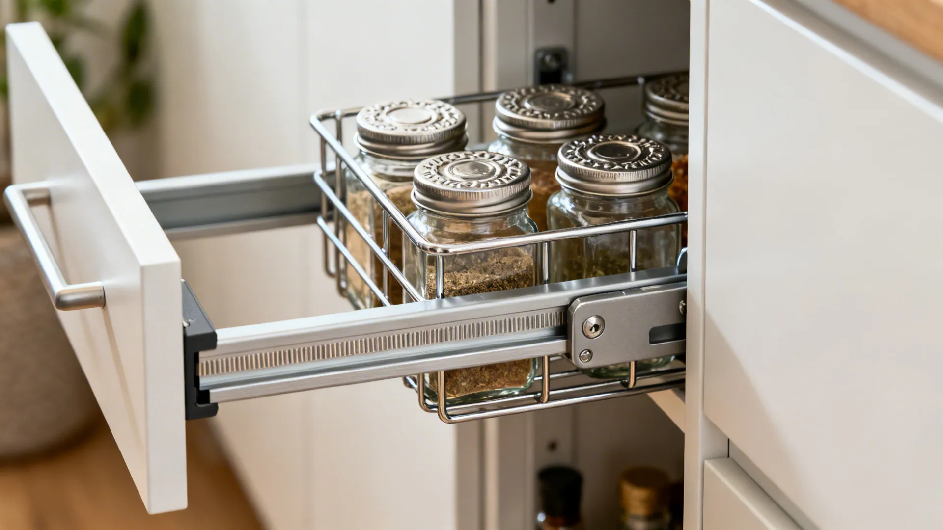Close-up of heavy-duty soft-close runner and metal basket on a slim pull-out pantry.