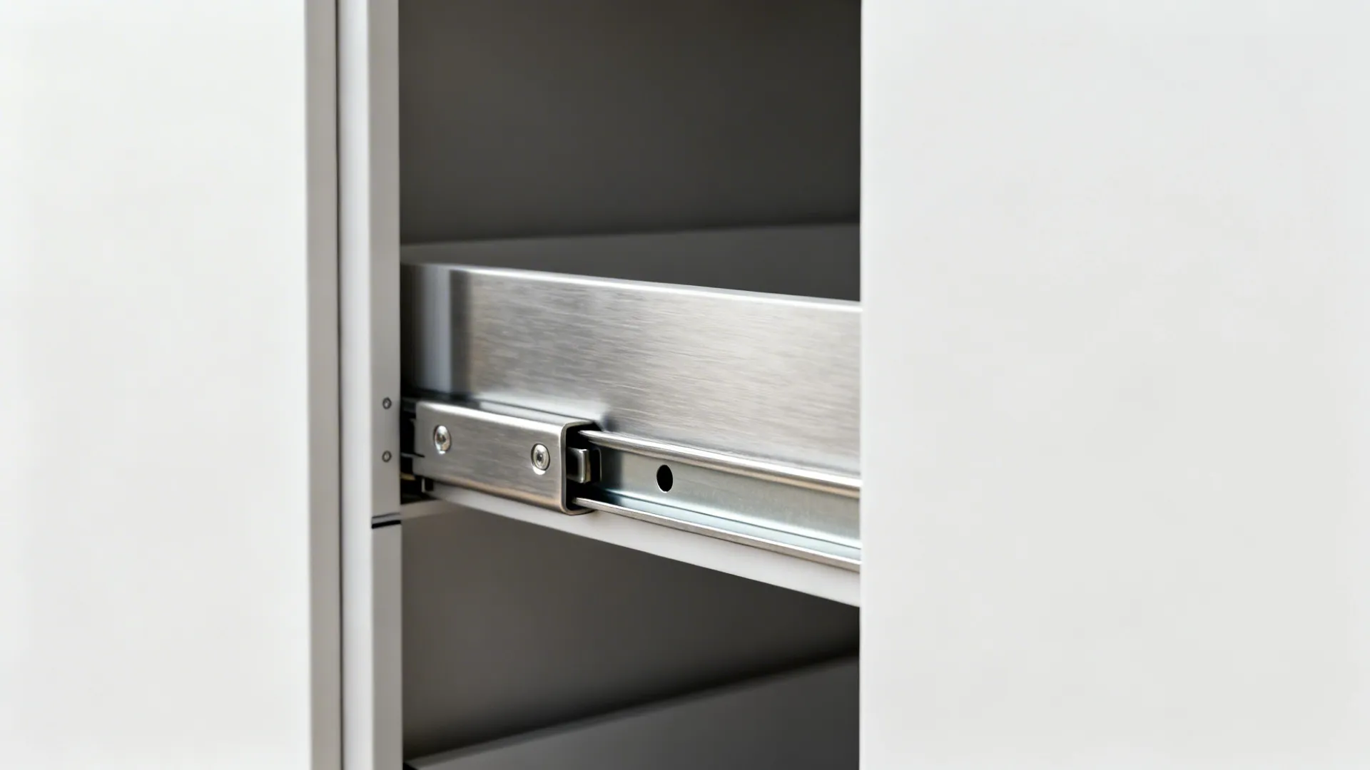 Macro detail of soft-close full-height slide hardware on a narrow pull-out pantry.