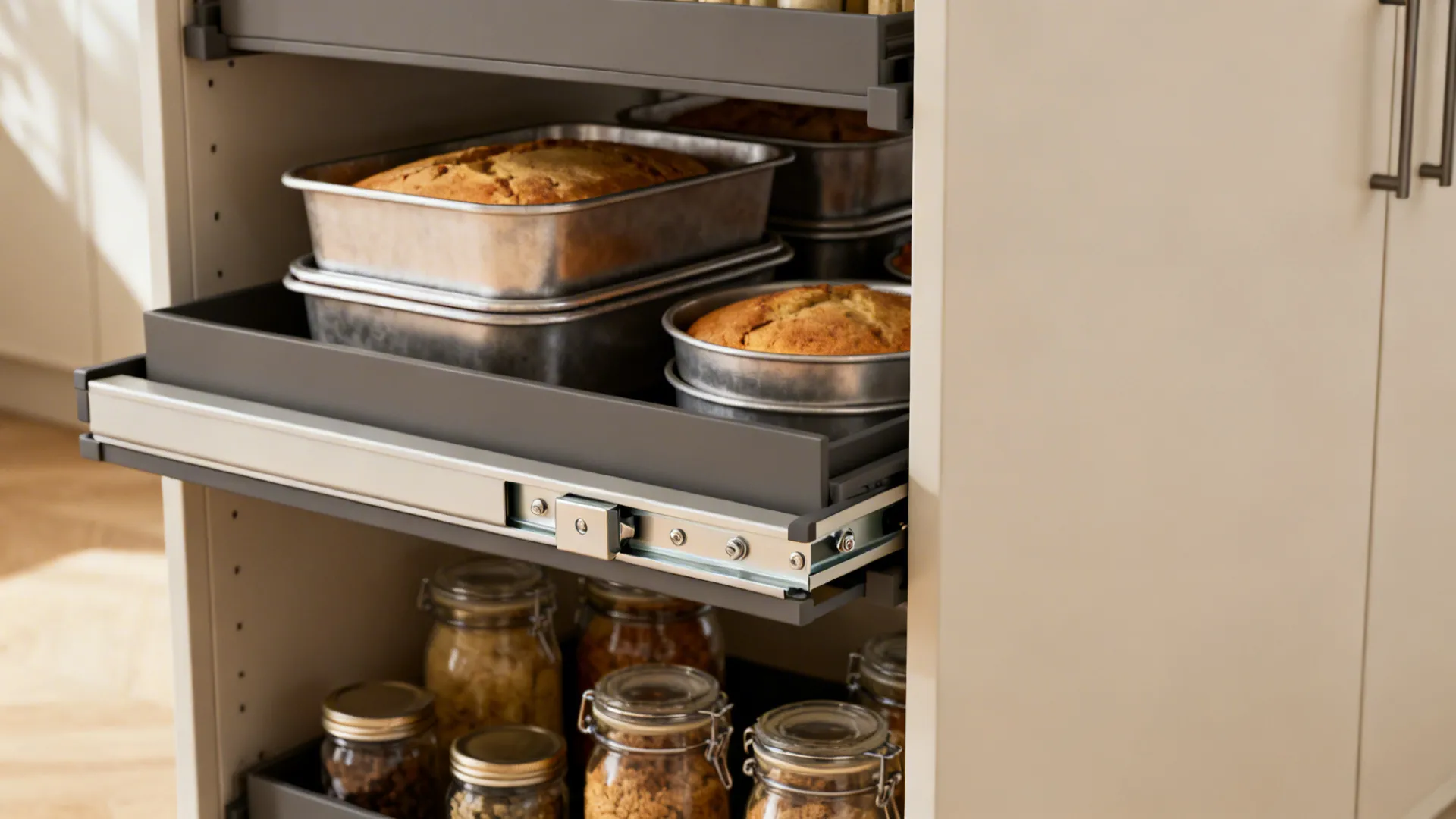 Close-up of a tall pantry soft-close slide loaded with baking items.