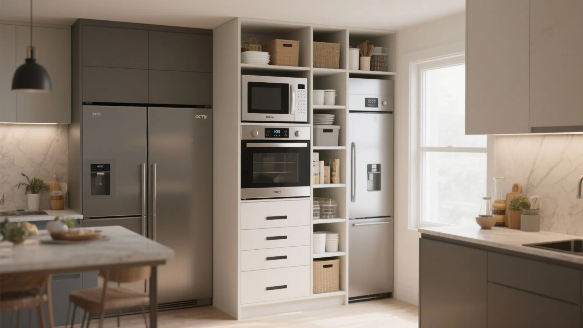 Tall white kitchen storage cabinet with microwave oven fridge and baskets near a bright window
