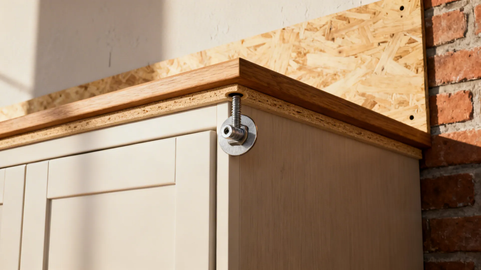 Macro detail of a pantry cabinet top rail through-bolted into an 18 mm plywood backer.