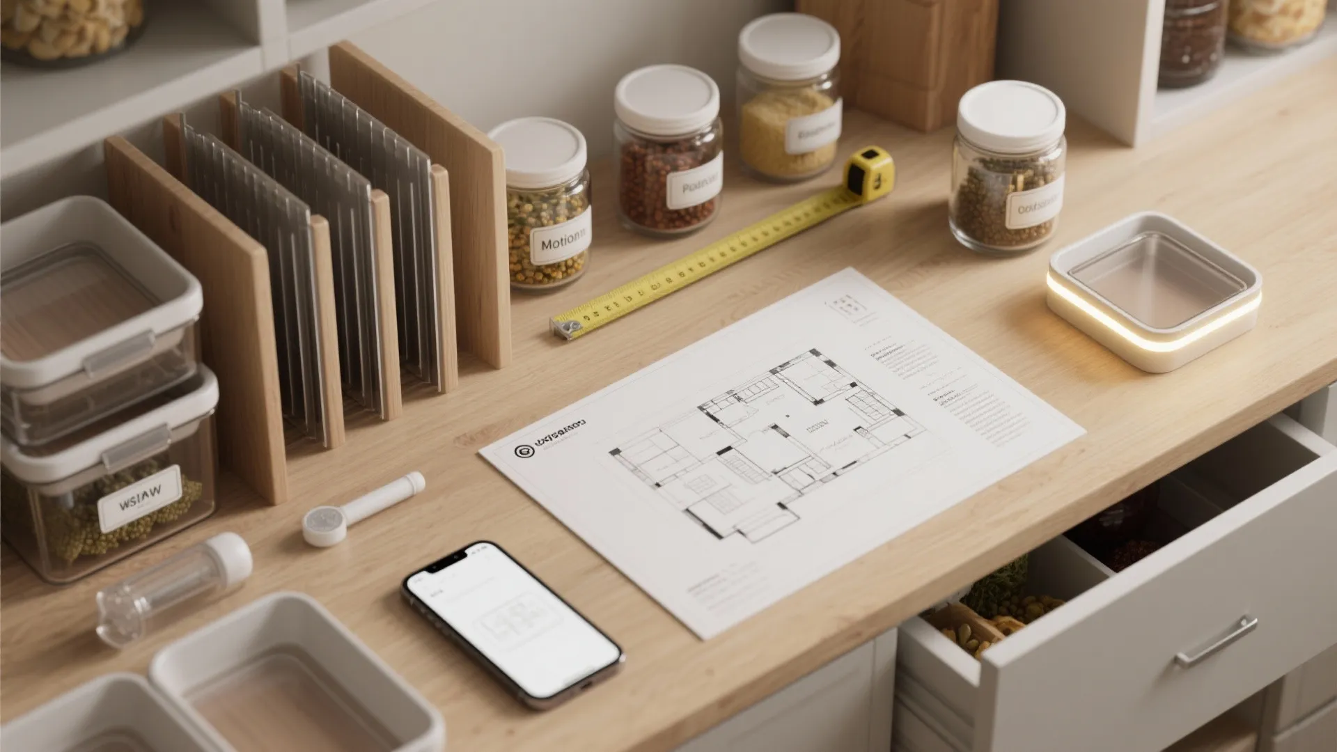 Interior design drawing with measuring tape smartphone and food containers on a light wooden table