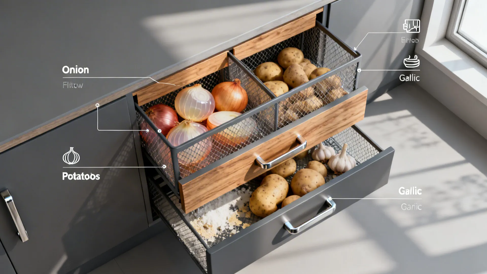 Top-down view of pantry mesh drawers showing separated zones and airflow for onions, potatoes, and garlic.