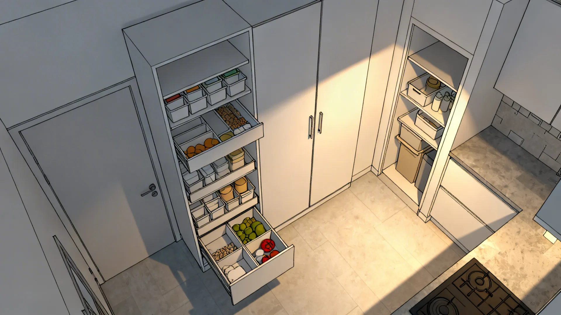 Top-down cutaway of a tall pantry with shallow pull-outs and a pocket-door utility bay.
