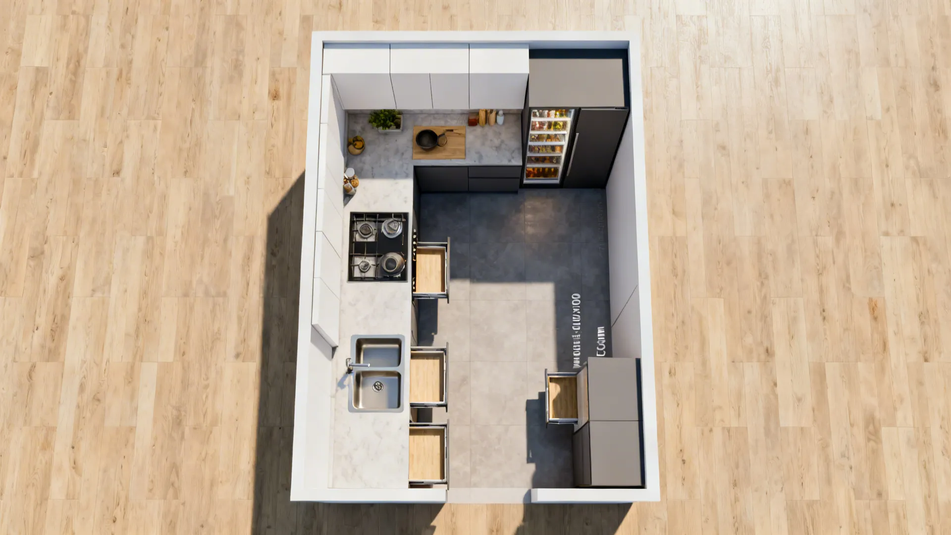 Top-down layout showing an L-shaped kitchen with zones and a shallow full-height pantry at the end.