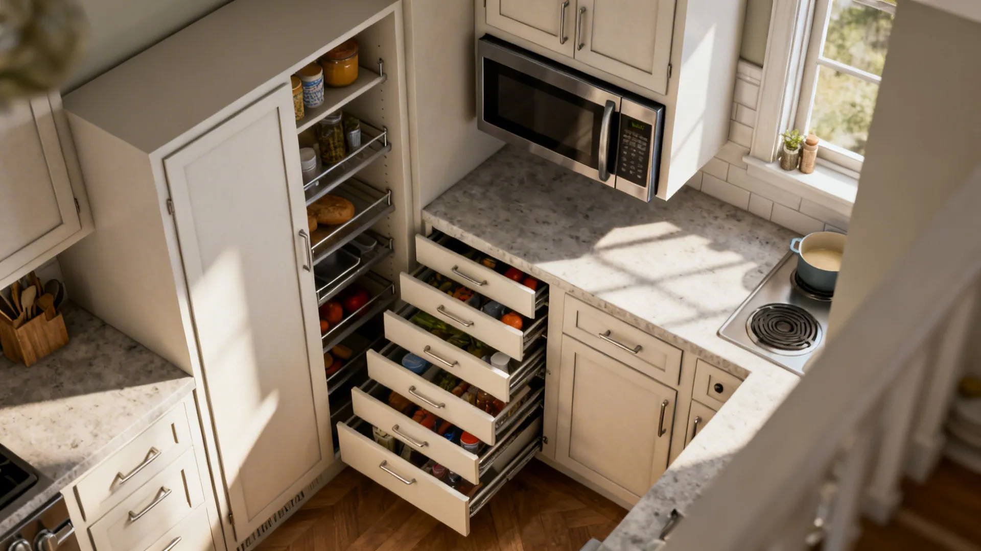 Top-down plan vignette of a pantry wall with pull-outs and clear appliance zones in a small kitchen.