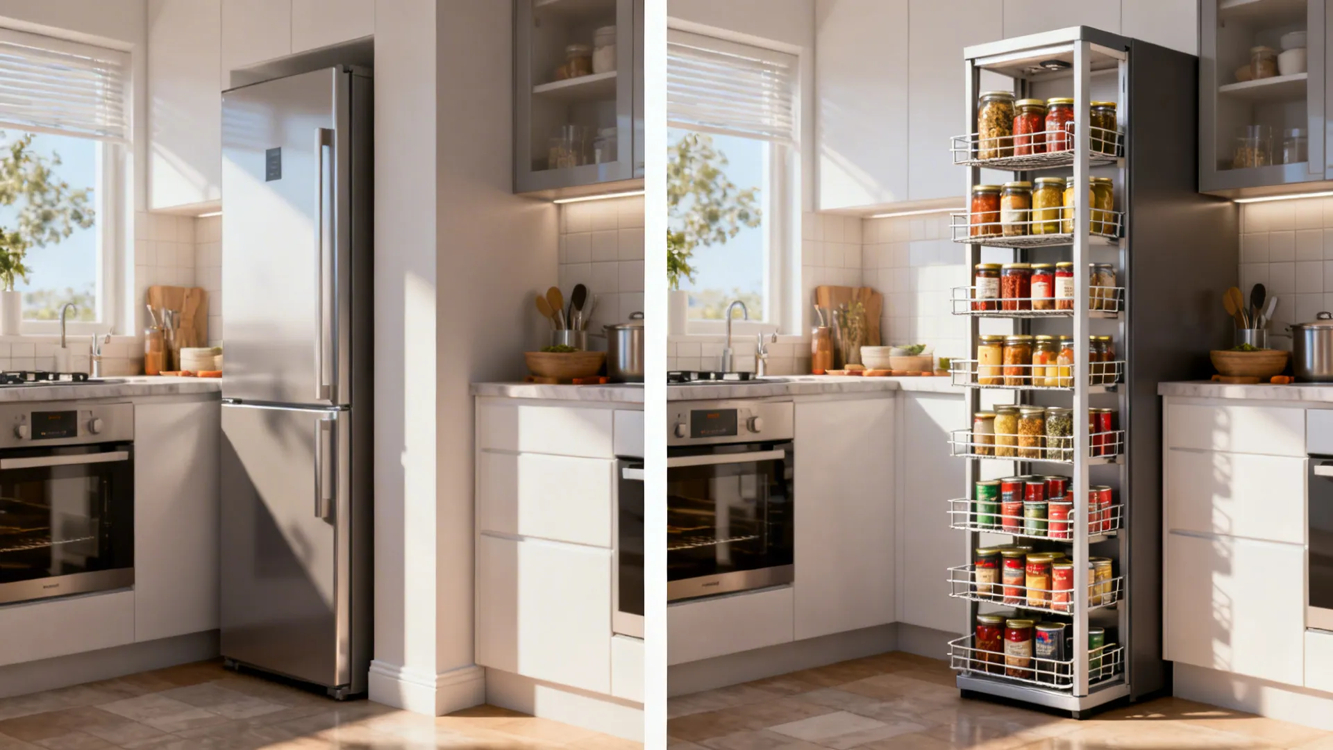 Before-and-after of a narrow space transformed into a tall pull-out pantry beside a fridge.