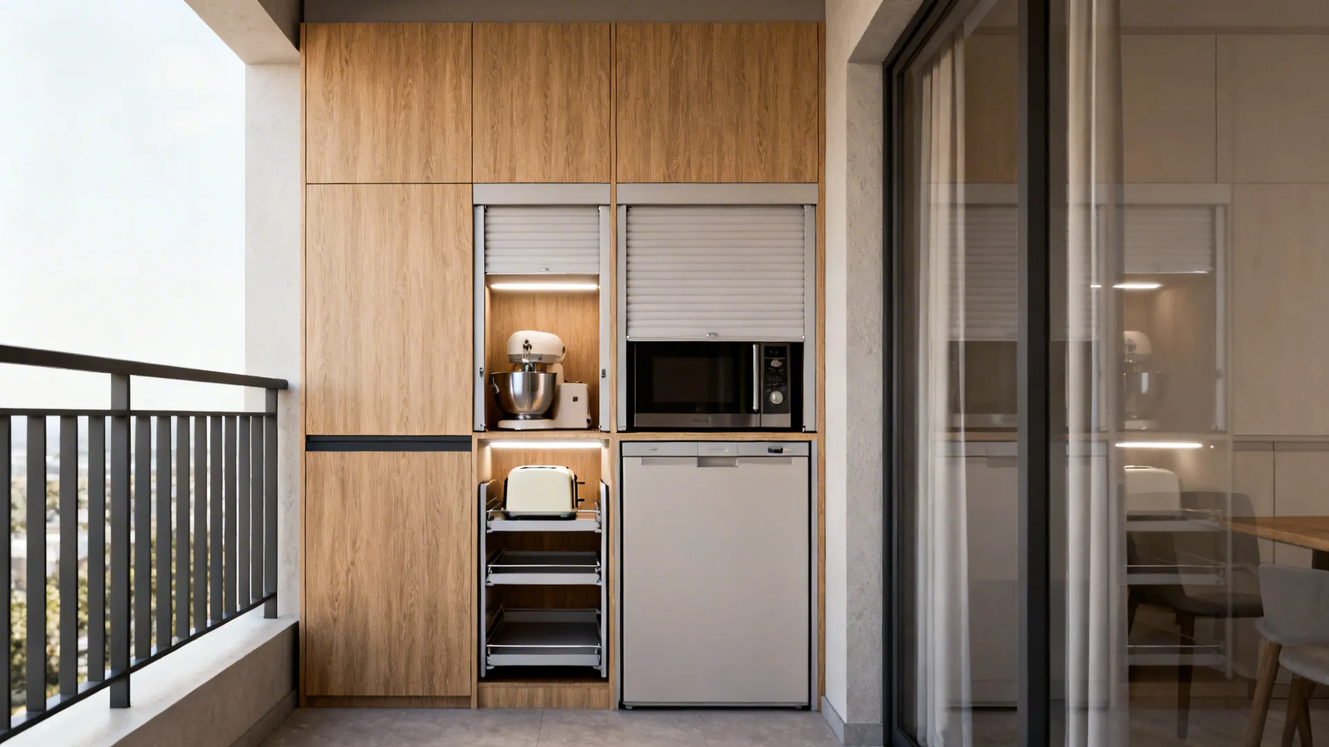 Tall pantry cabinet with mid-height appliance garage and pull-out shelves in a narrow balcony.