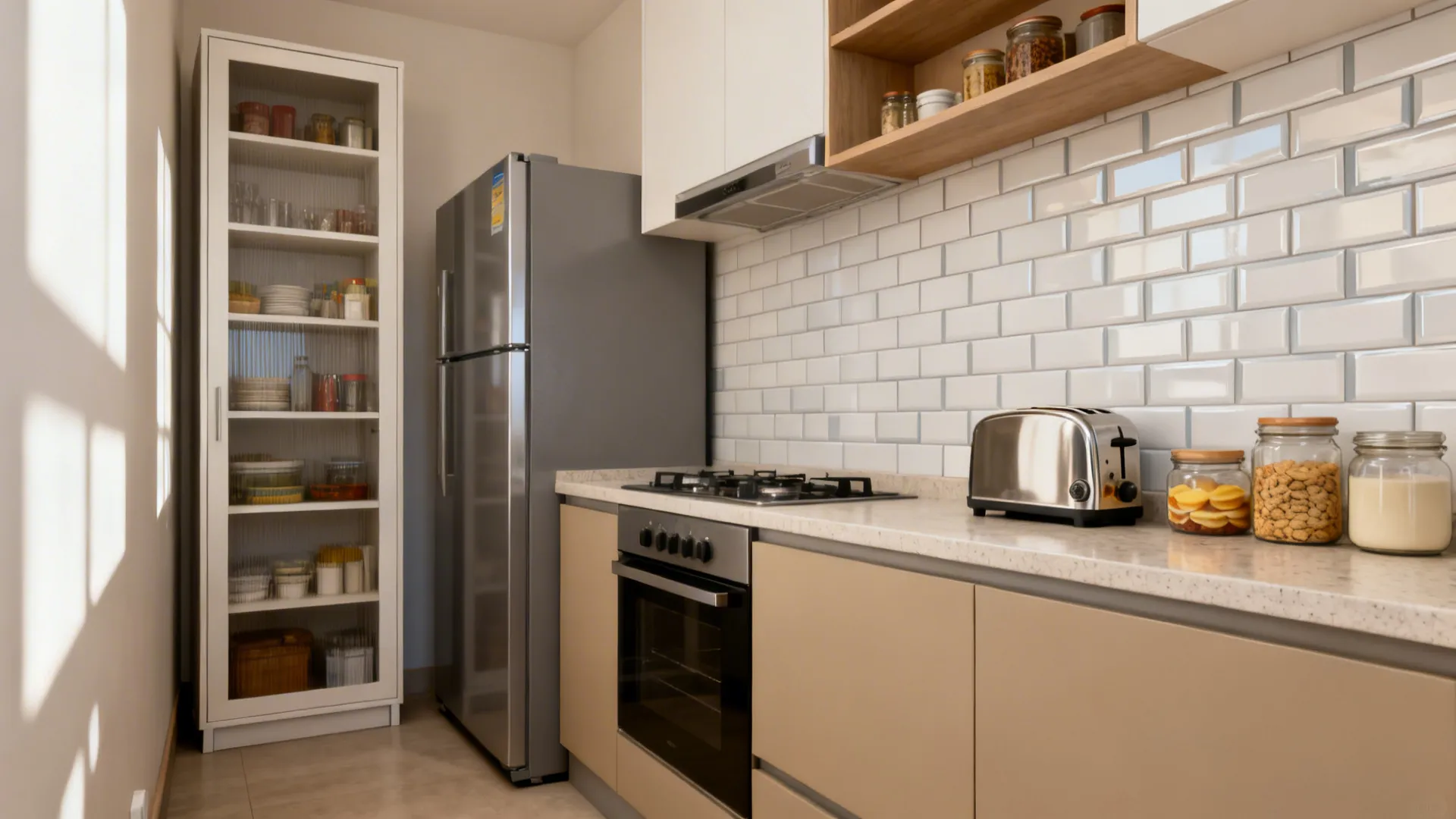 Compact Indian kitchen with minimal uppers and a full-height pantry tower near the fridge.