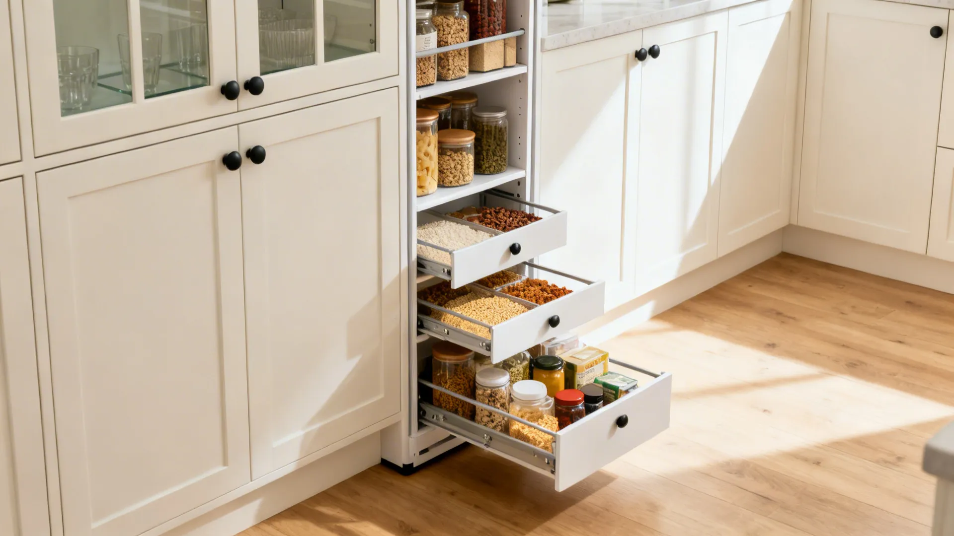 Full-height slim pantry tower with pull-out trays organized with dry goods.