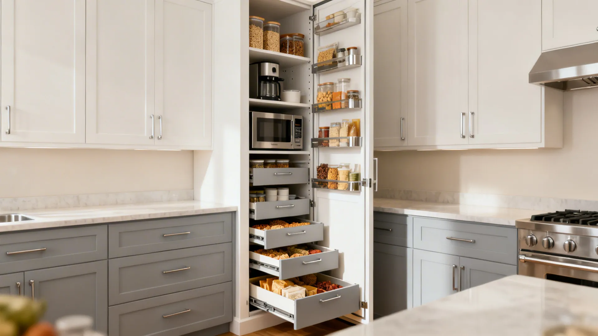 Narrow full-height pantry tower with open door showing organized pull-out drawers in a small kitchen.