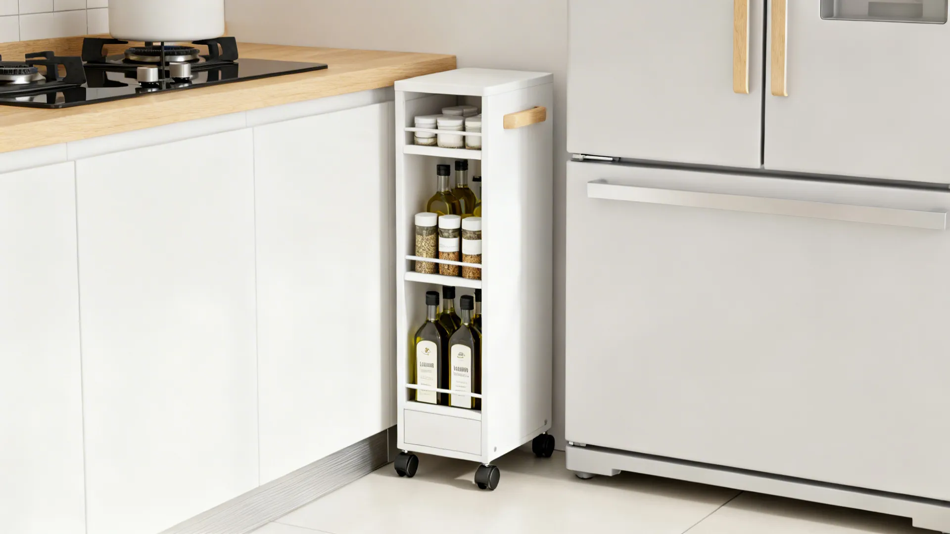 White rolling spice rack cart with glass jars and oil bottles stored in kitchen gap