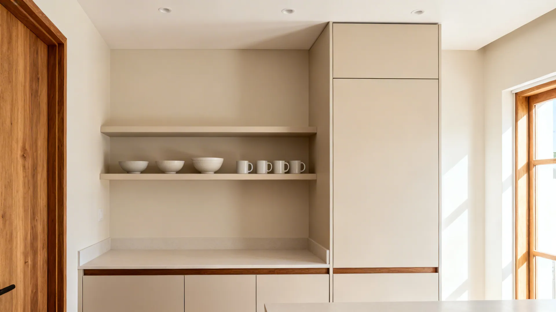 Mixed storage: tall pantry towers and open shelves