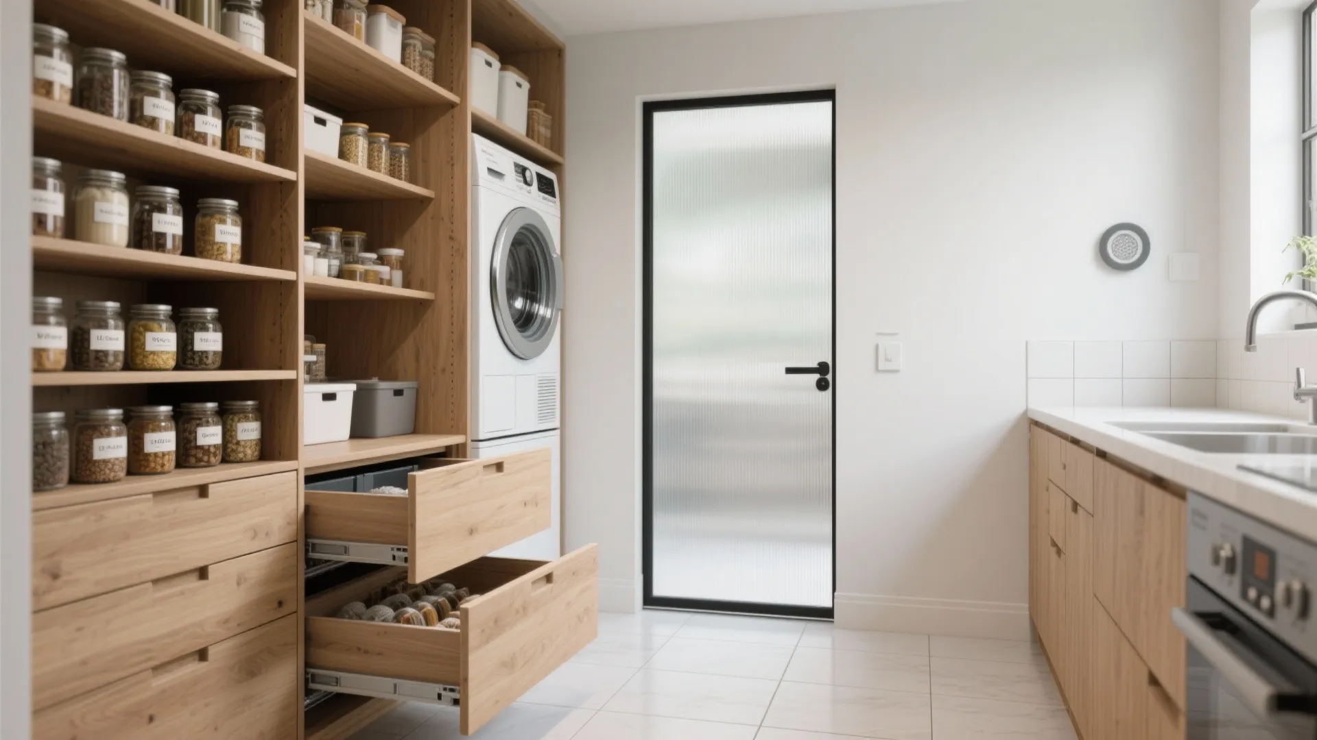Pantry and utility annex with tall pull-out shelves and integrated laundry appliances.