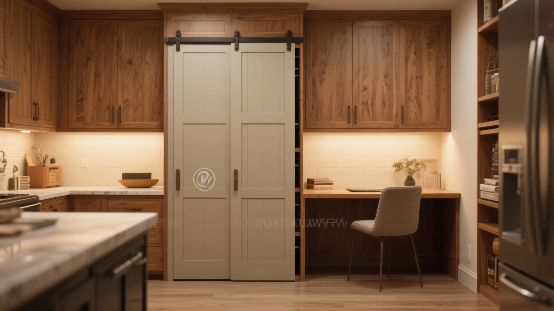 Kitchen with wooden cabinets and a sliding pantry door next to a small built-in desk