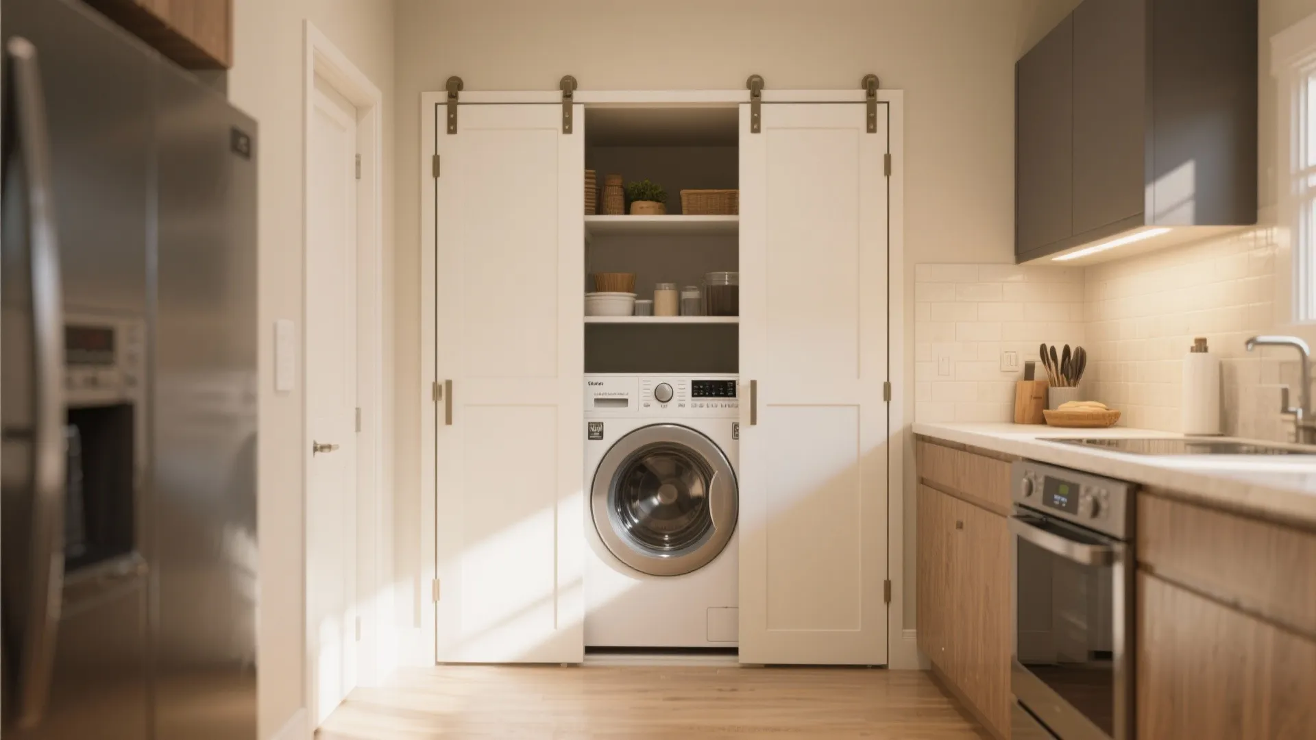 White washing machine inside a kitchen storage cabinet with sliding doors and wooden wall shelves