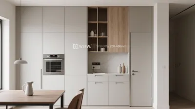 Modern Minimalist Kitchen with Wood Accent Cabinetry