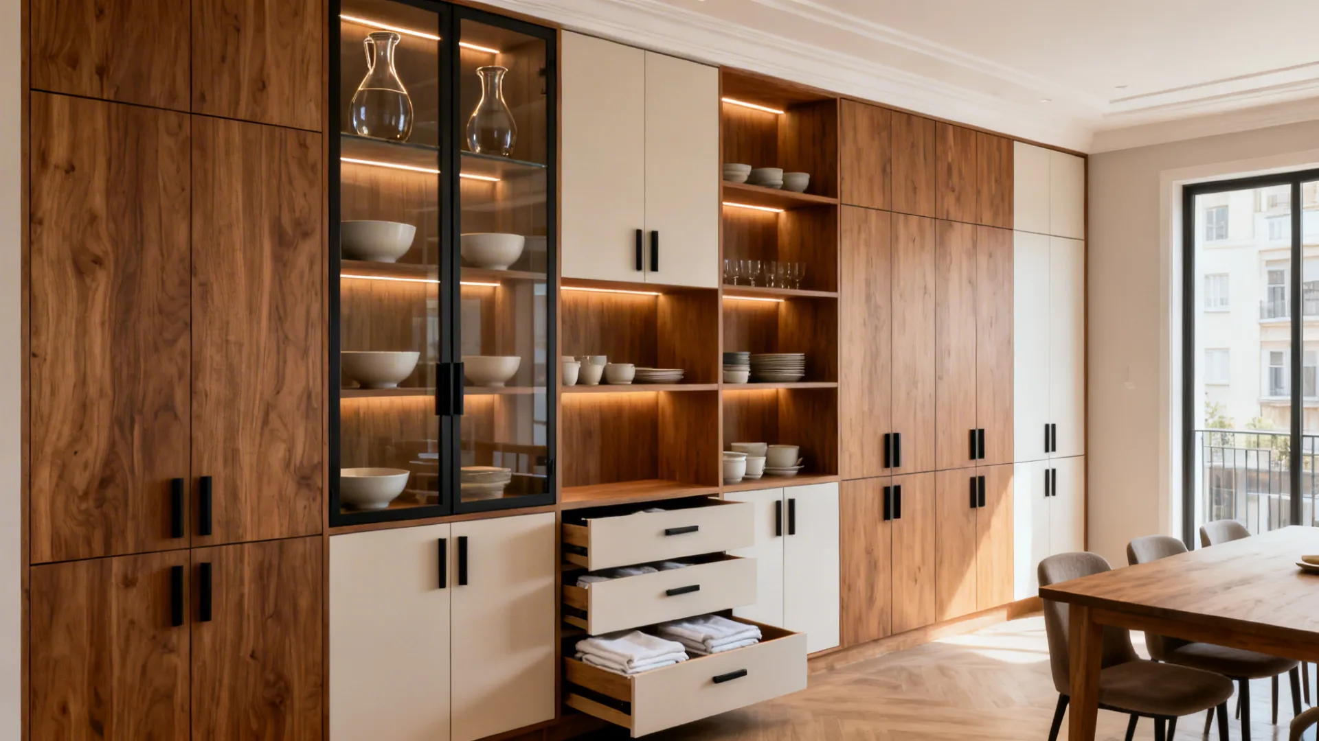 Large wooden storage wall featuring glass doors, open shelves, drawers, and warm interior light fixtures
