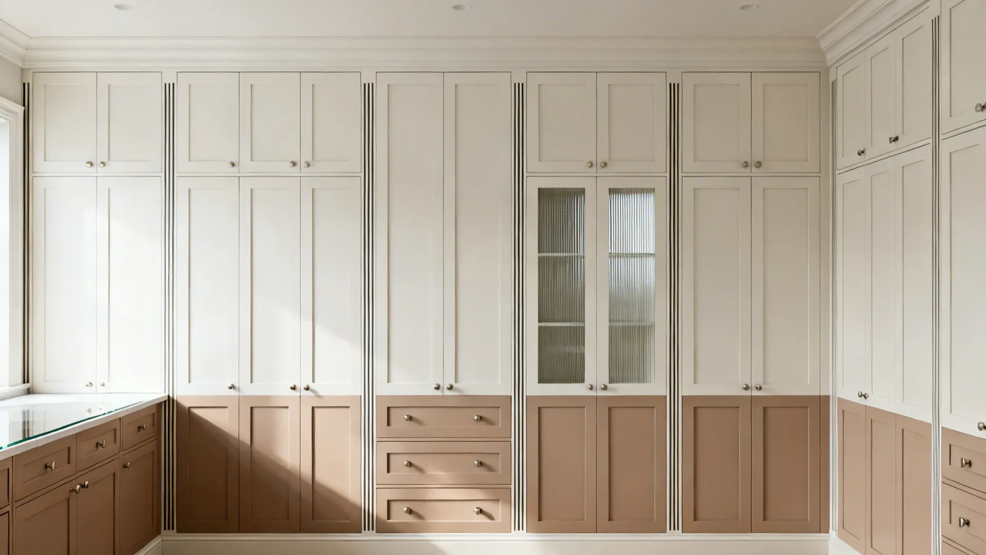 Ceiling-to-floor pantry wall with mixed door heights and a reeded-glass bay in warm neutrals.