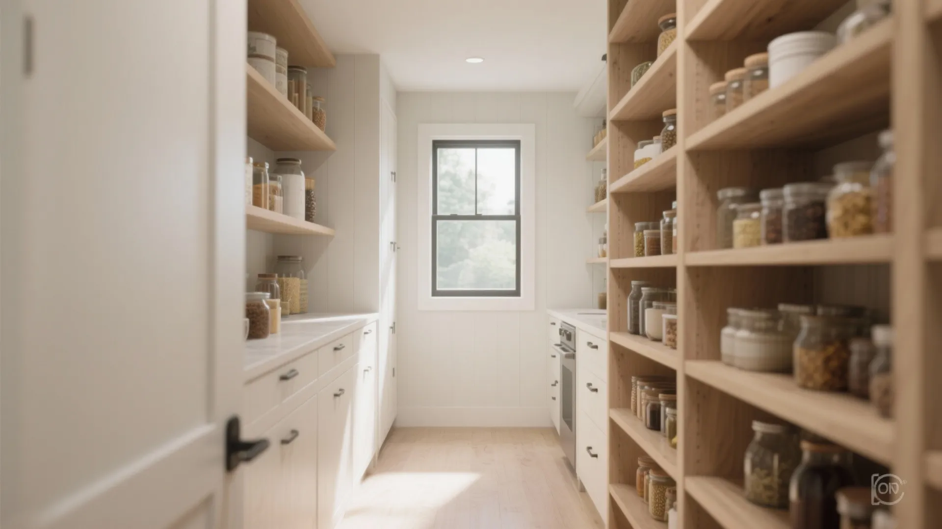 Walk-in pantry with a small window allowing natural light in