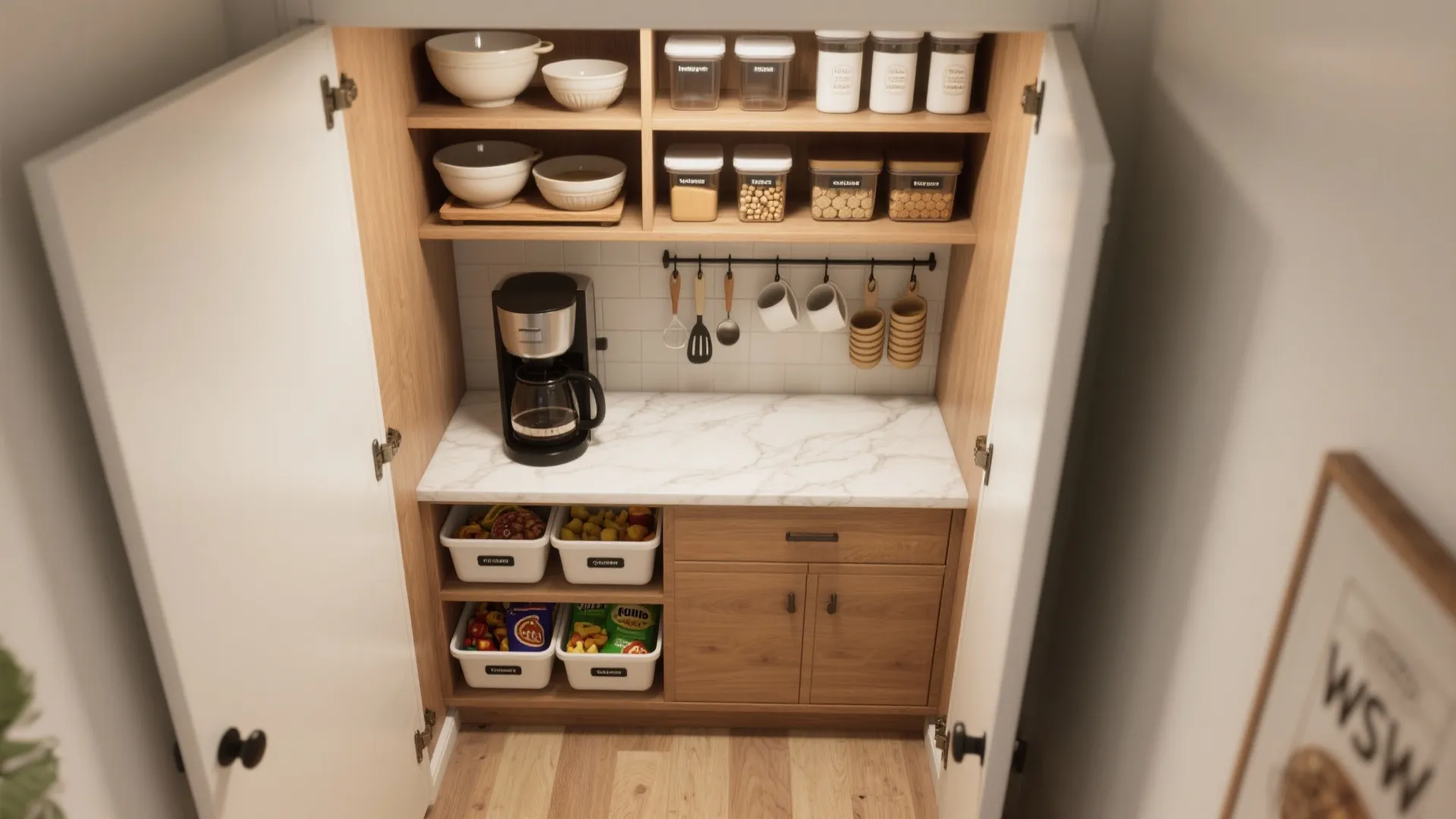 4. Create zones: baking, coffee, and kid-access shelves