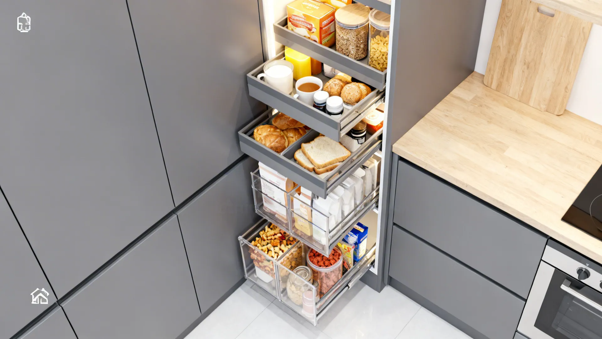 4) Tall pantry towers with zone planning