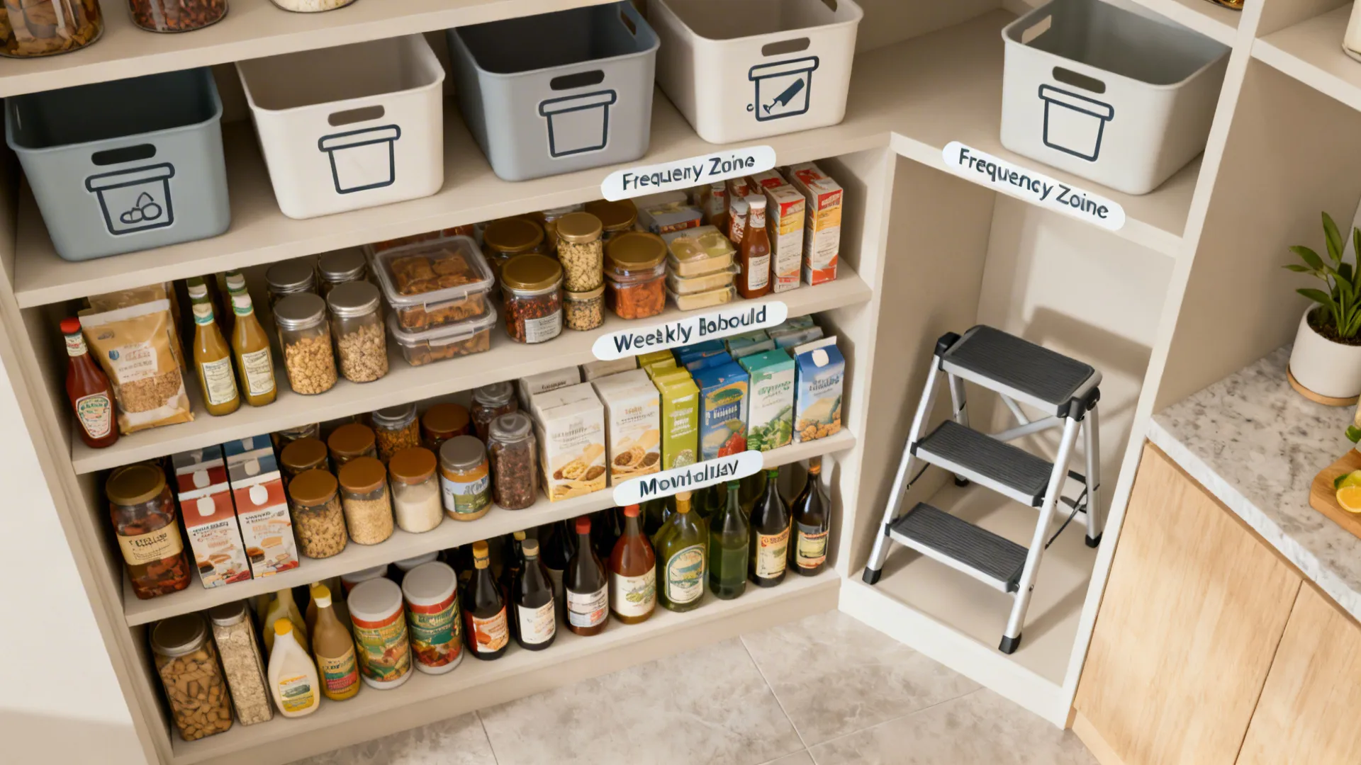 Top-down plan showing pantry frequency zones and step stool niche placement.