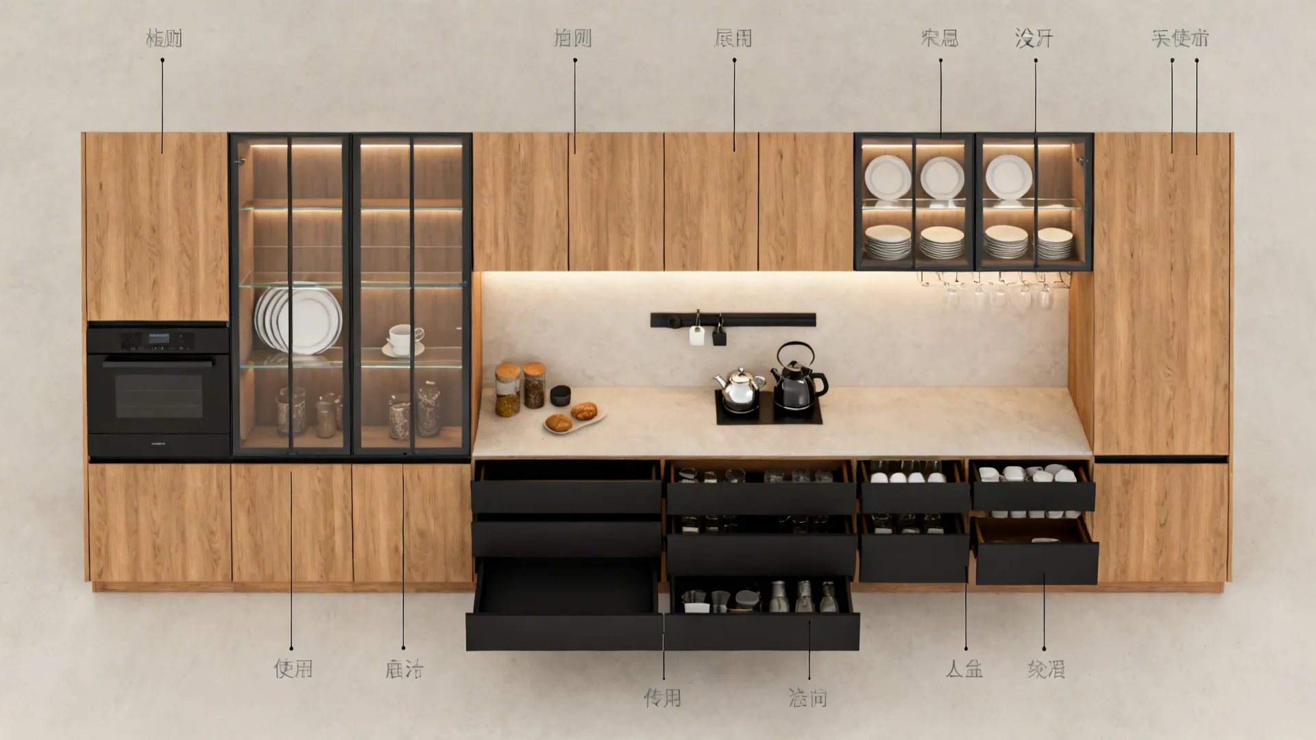 Interior design drawing of wooden kitchen cabinets showing storage zones with labels and open drawers