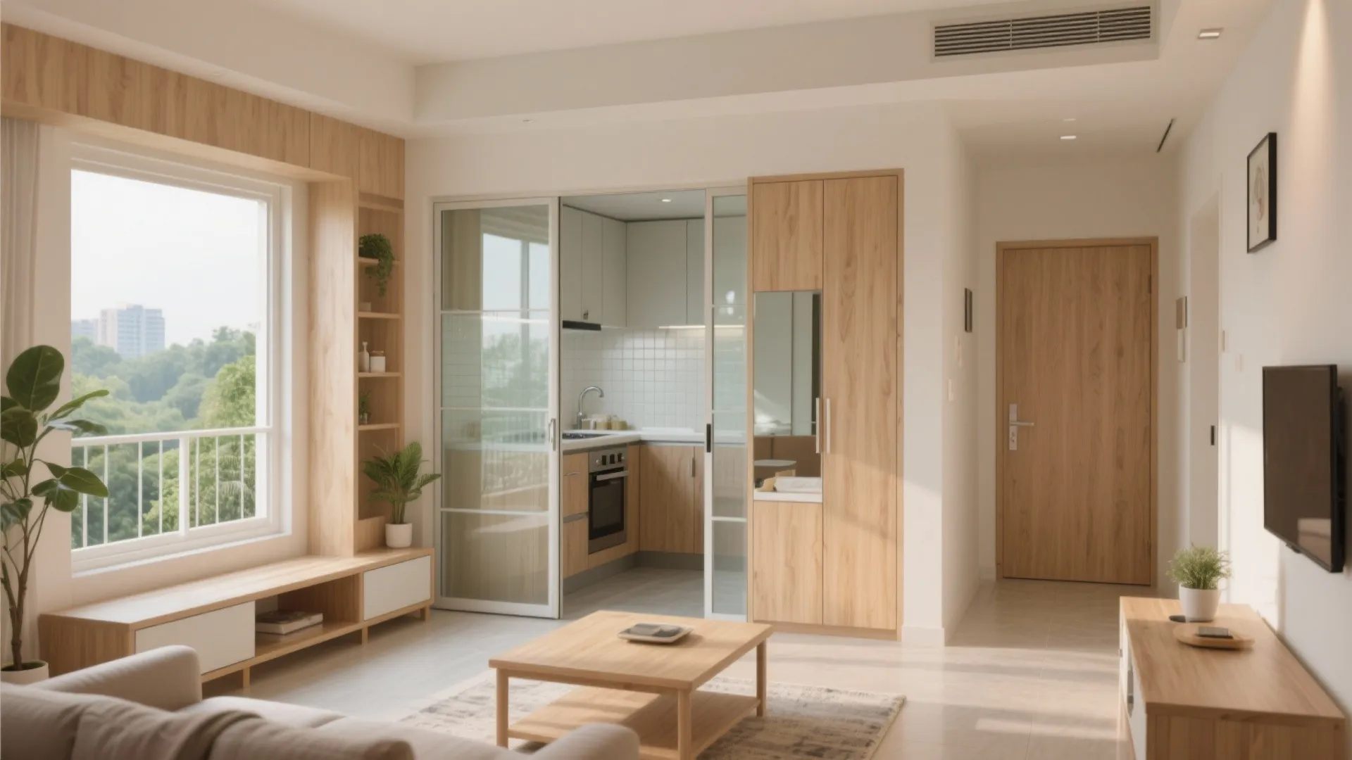 Modern bright living room with wooden coffee table sofa large window and glass kitchen doors