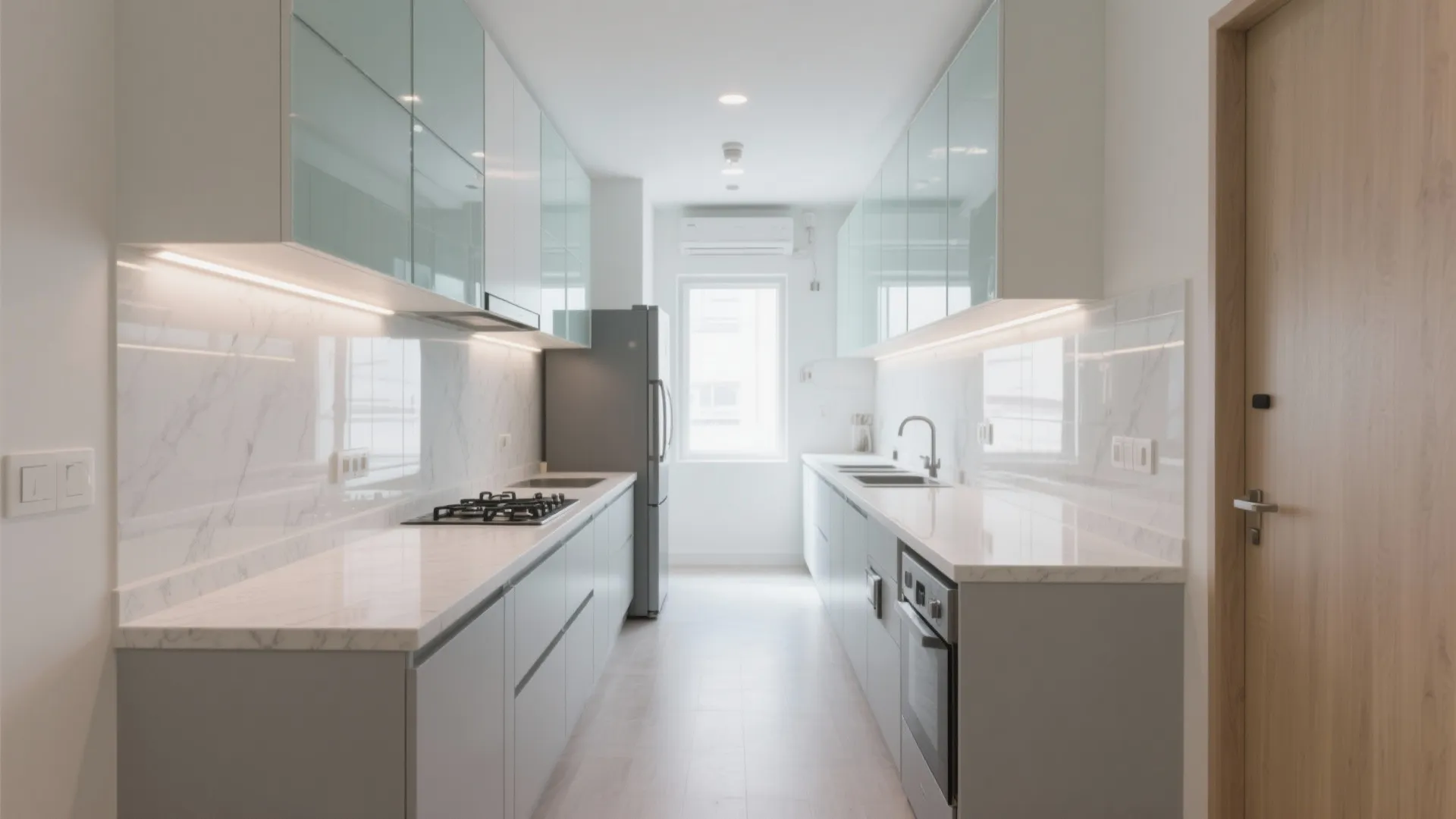 Open Galley Kitchen with Glass Backsplash and Light Tones