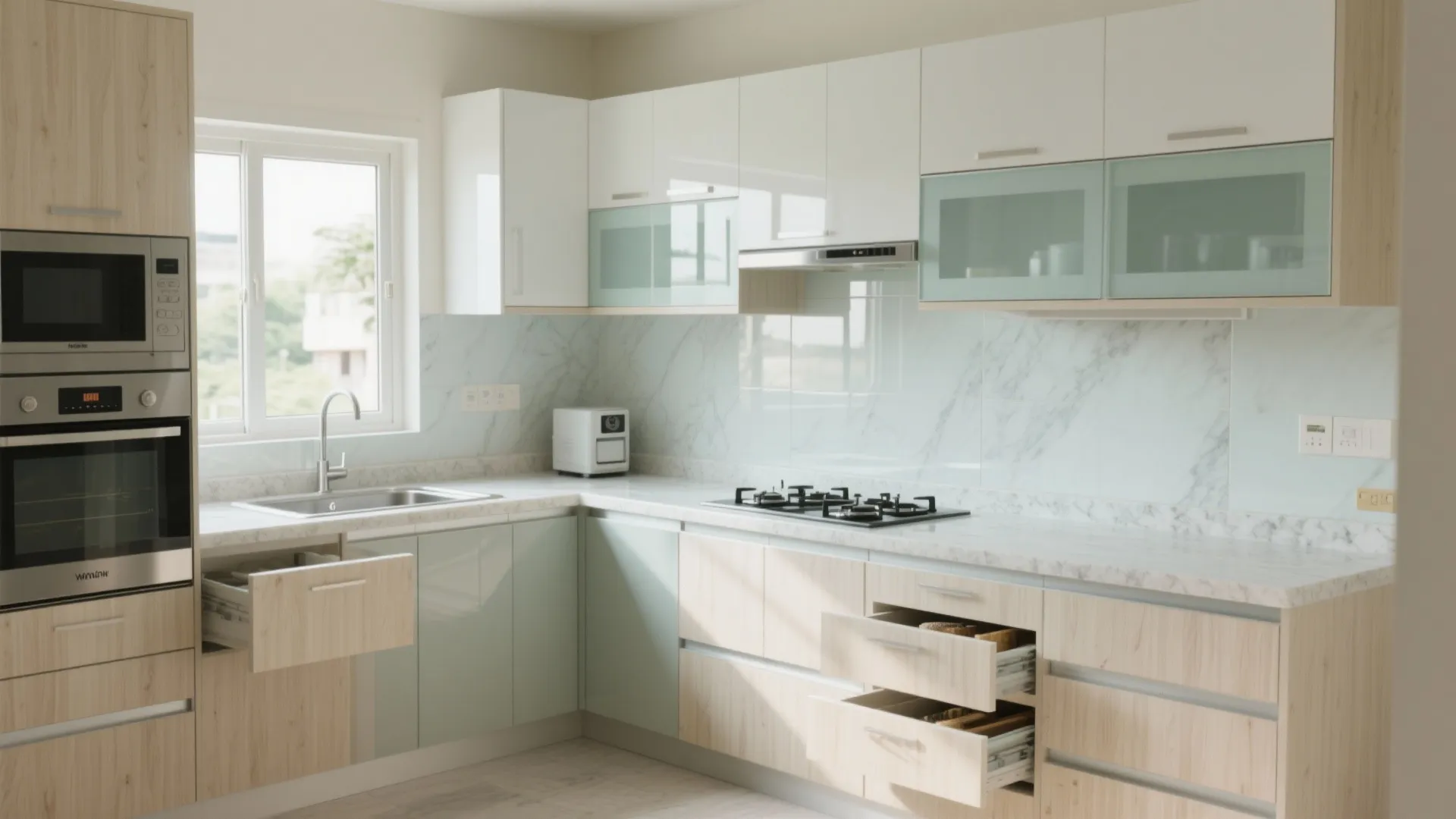 Modular kitchen with light tones, an L layout, and a glass backsplash