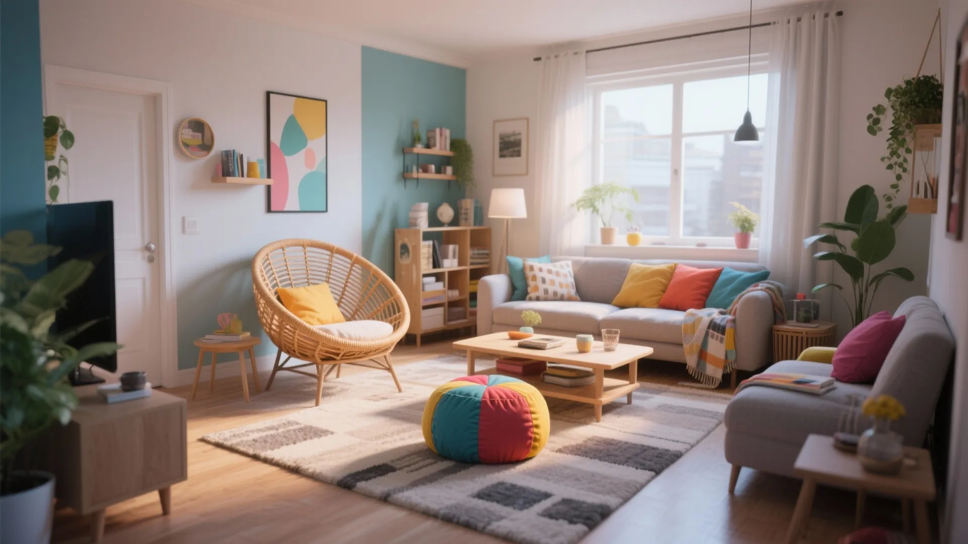 6. Papasan Paired with Floor Poufs