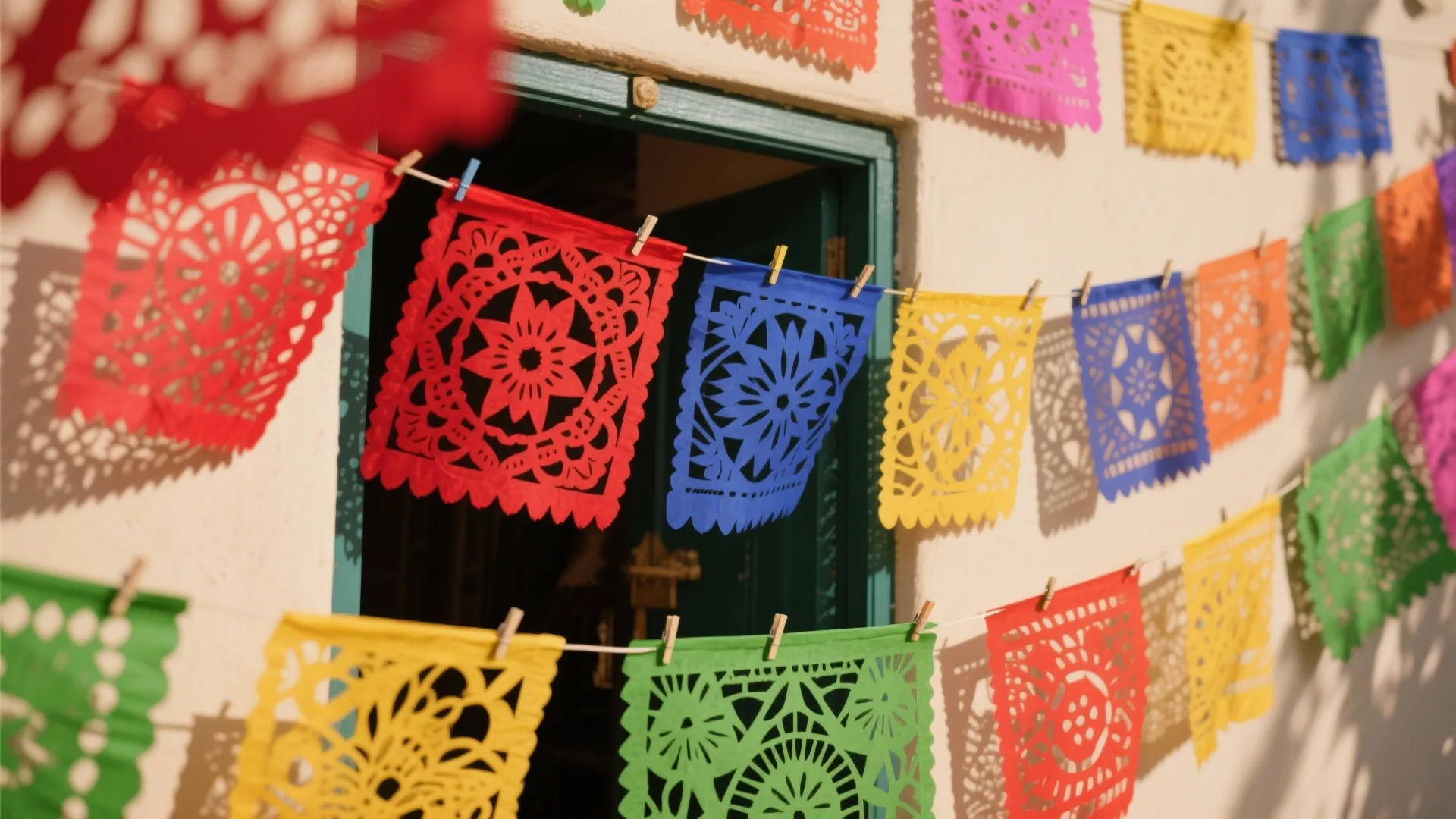 Bright paper banners with patterns hanging on a string across a white house front wall