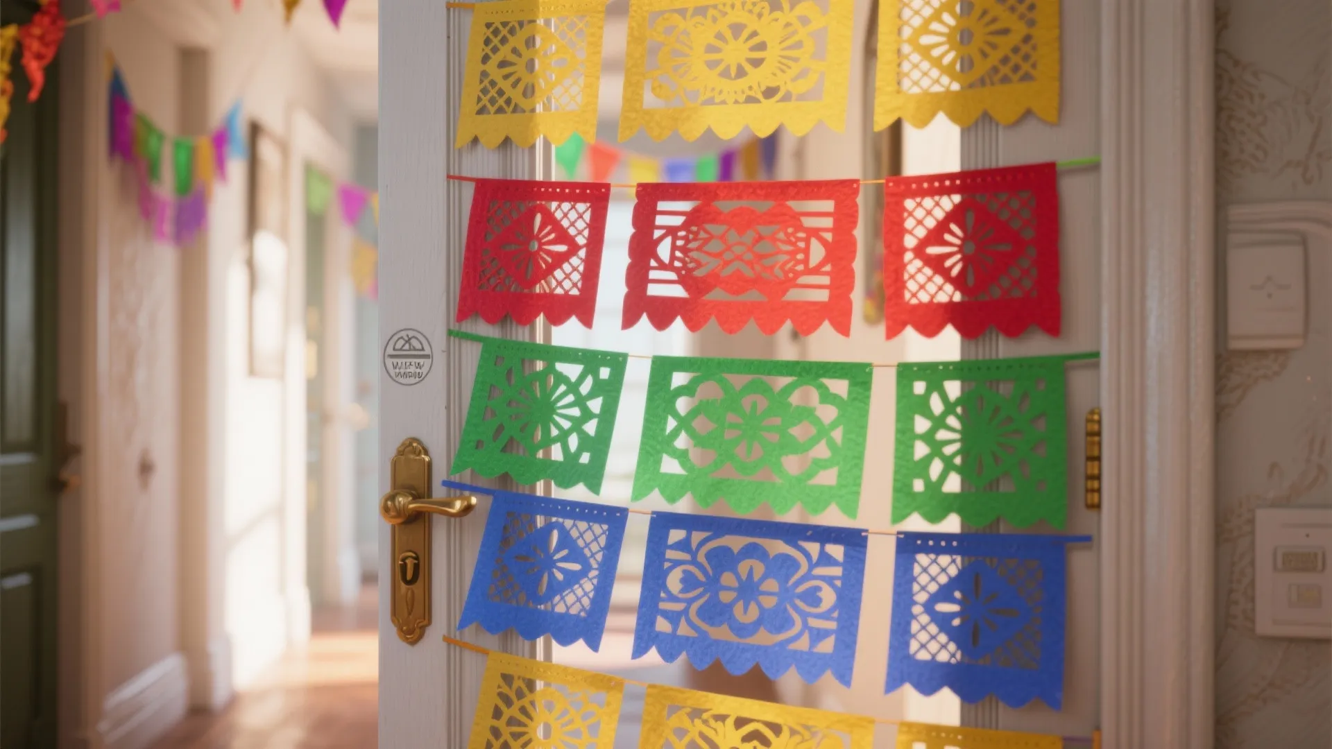 Door adorned with layered colorful papel picado overlapping vertically