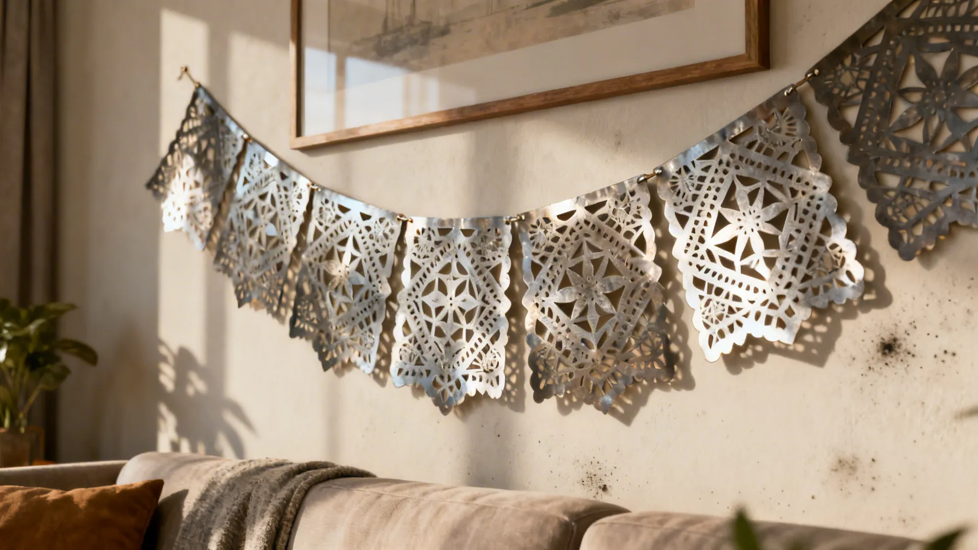 Layered laser-cut metal papel picado banners with geometric cutouts on a living room wall.