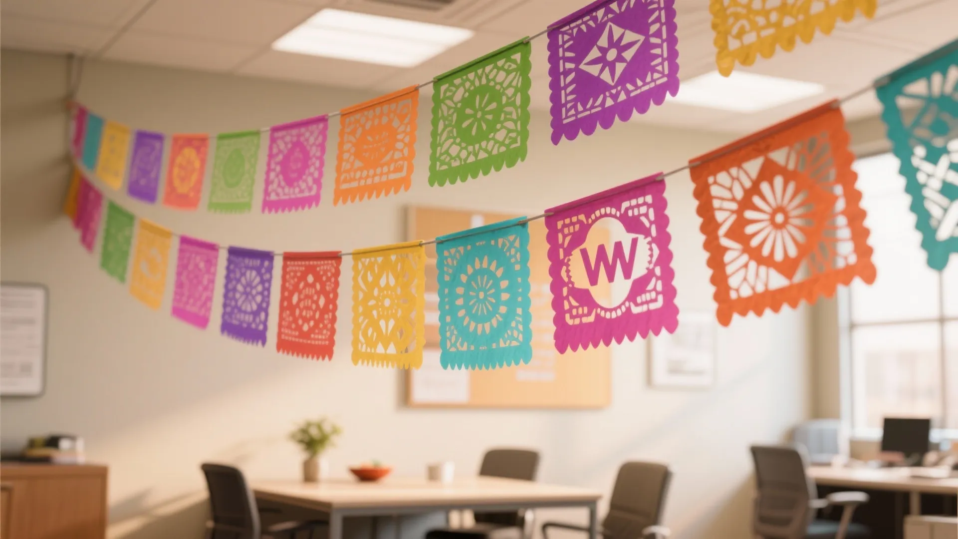 Colorful paper banners hanging across a bright office space with wooden tables and black chairs
