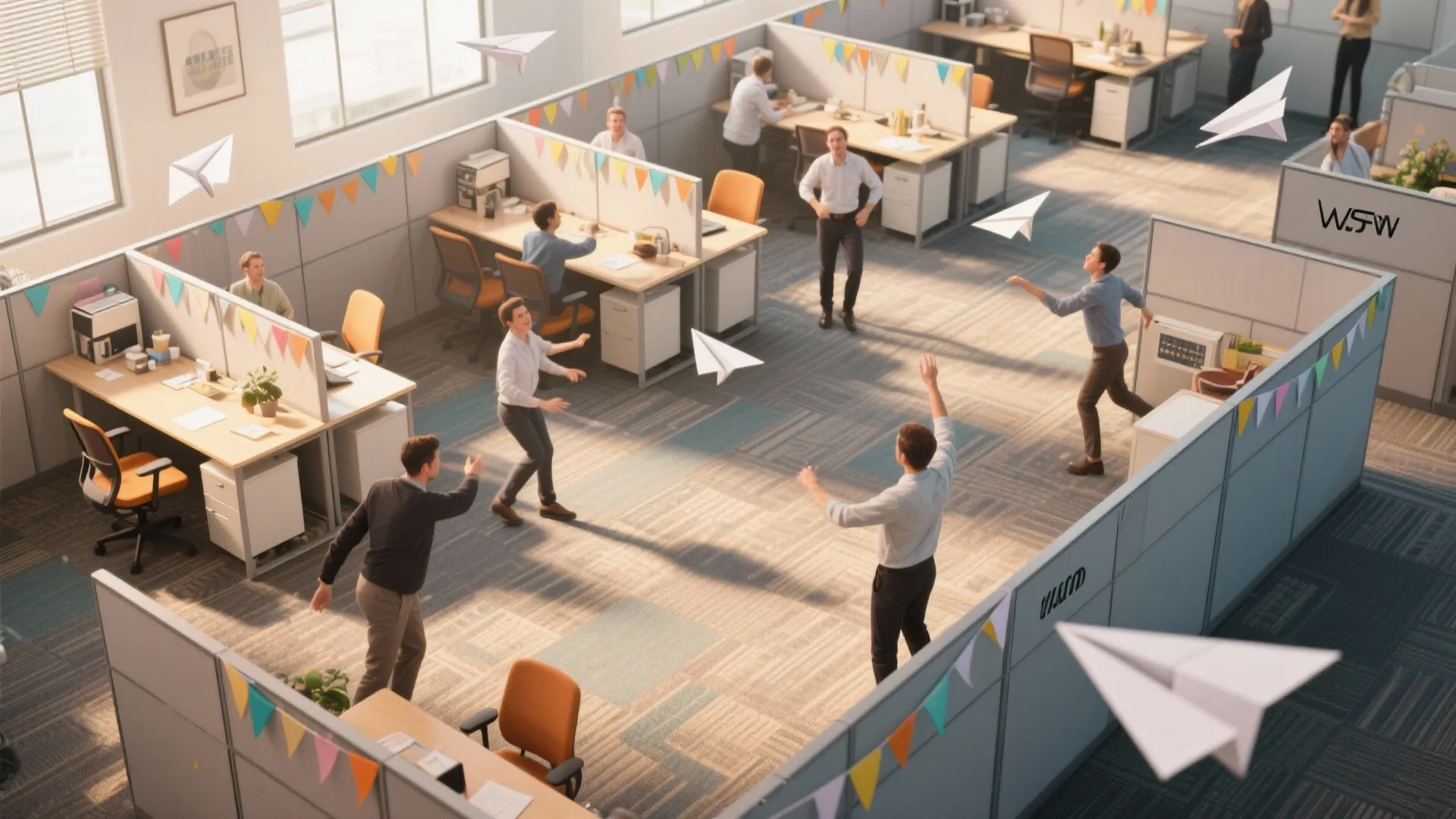 Employees compete in a paper airplane distance throwing contest
