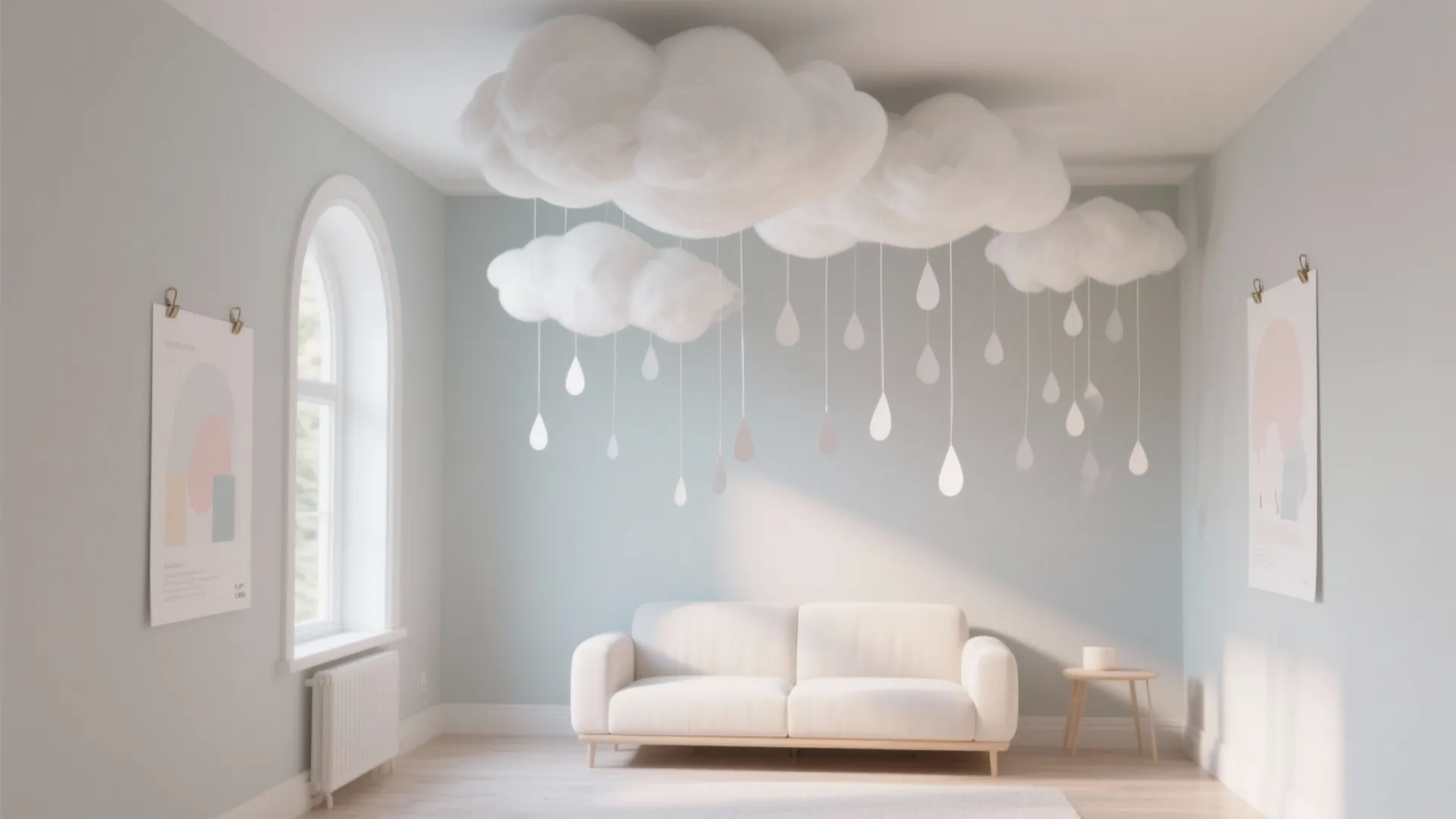 Living room with white sofa and hanging cloud decorations with paper raindrops on the ceiling
