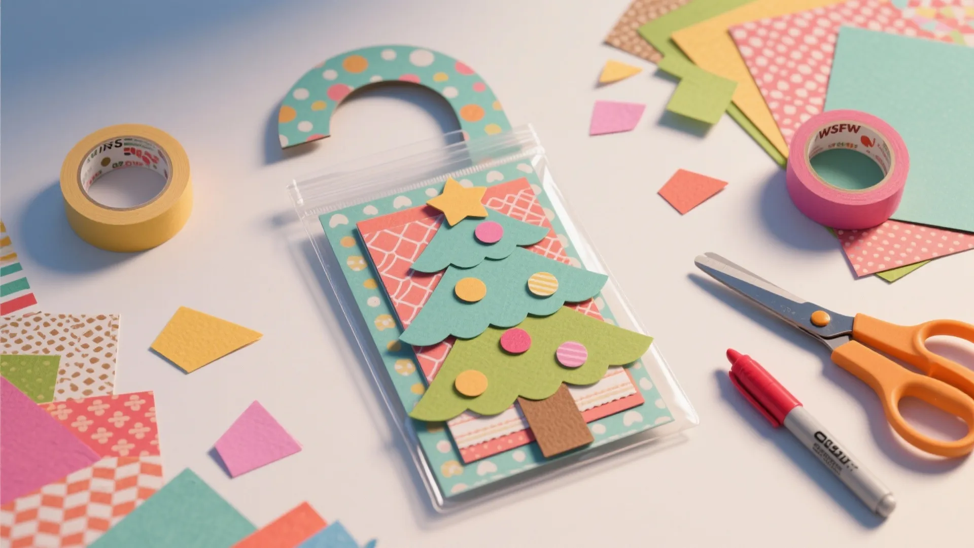 Flatlay of a seasonal paper collage door hanger project with cardstock, patterned paper, scissors, and protective sleeve.