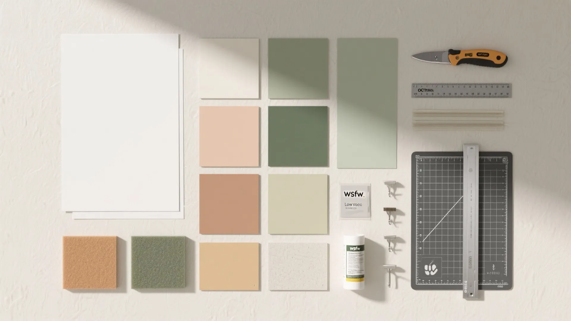Paper craft tools and material samples with knife ruler cutting mat and colorful paper squares