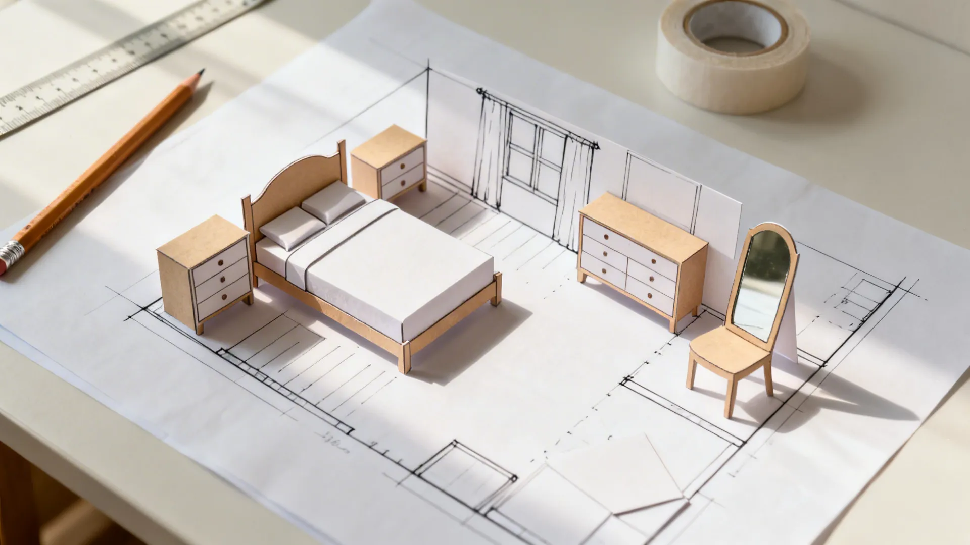 Paper furniture cutouts including bed and cabinets placed on a room layout drawing with pencil