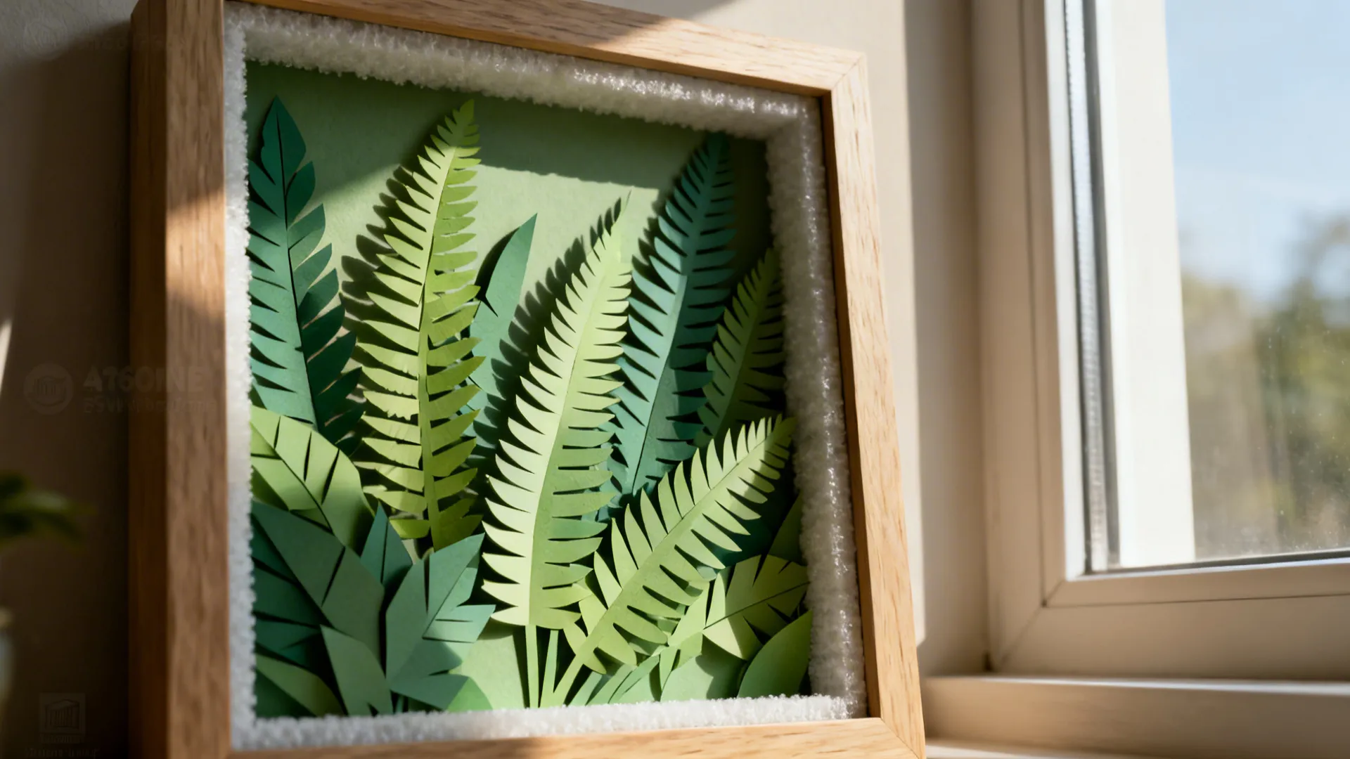 Layered paper fern shadow box with foam spacers and indirect window light creating gentle depth.