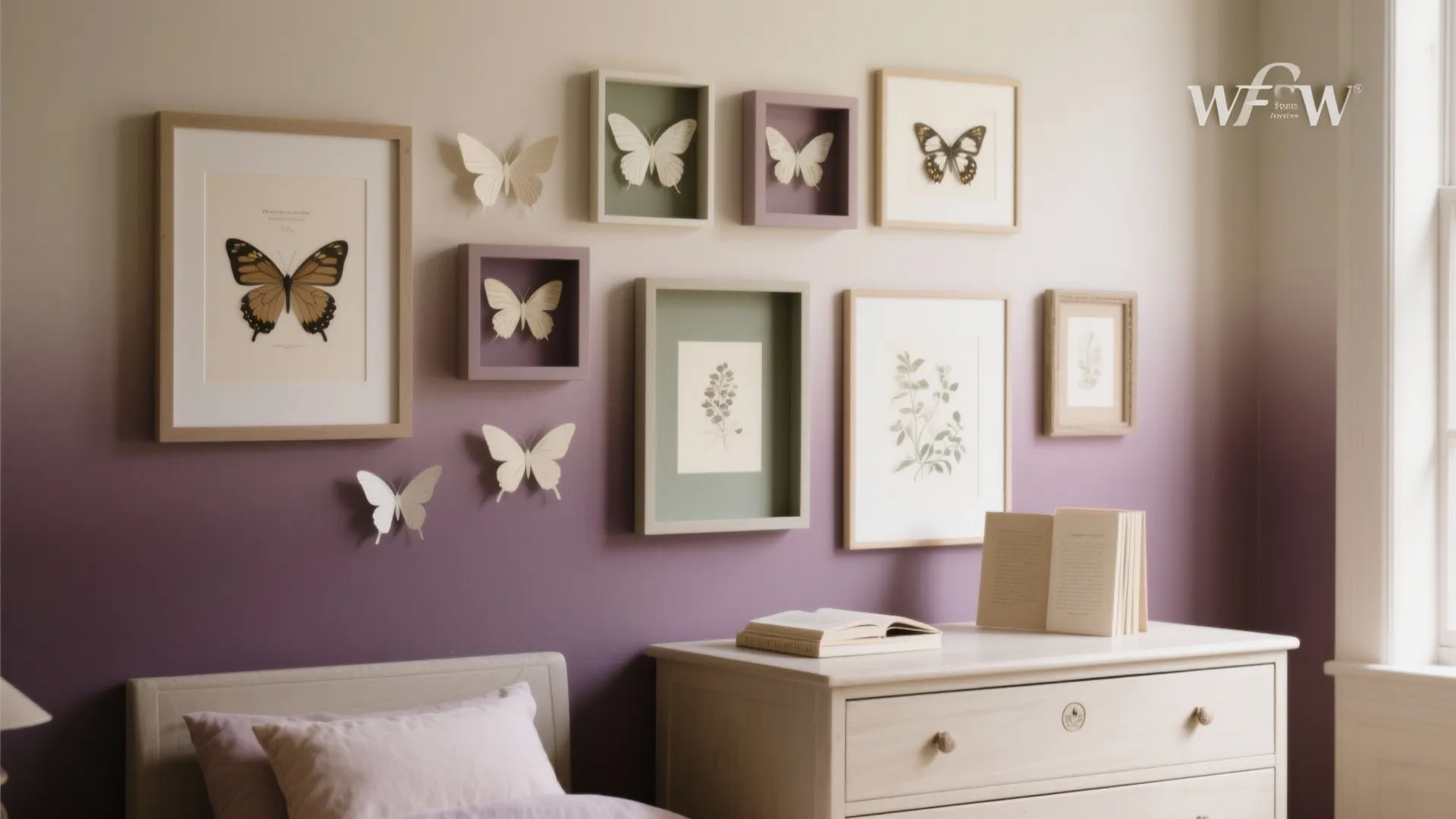 Layered paper butterflies gallery wall with frames and shadowboxes above a dresser, cream to mauve palette.