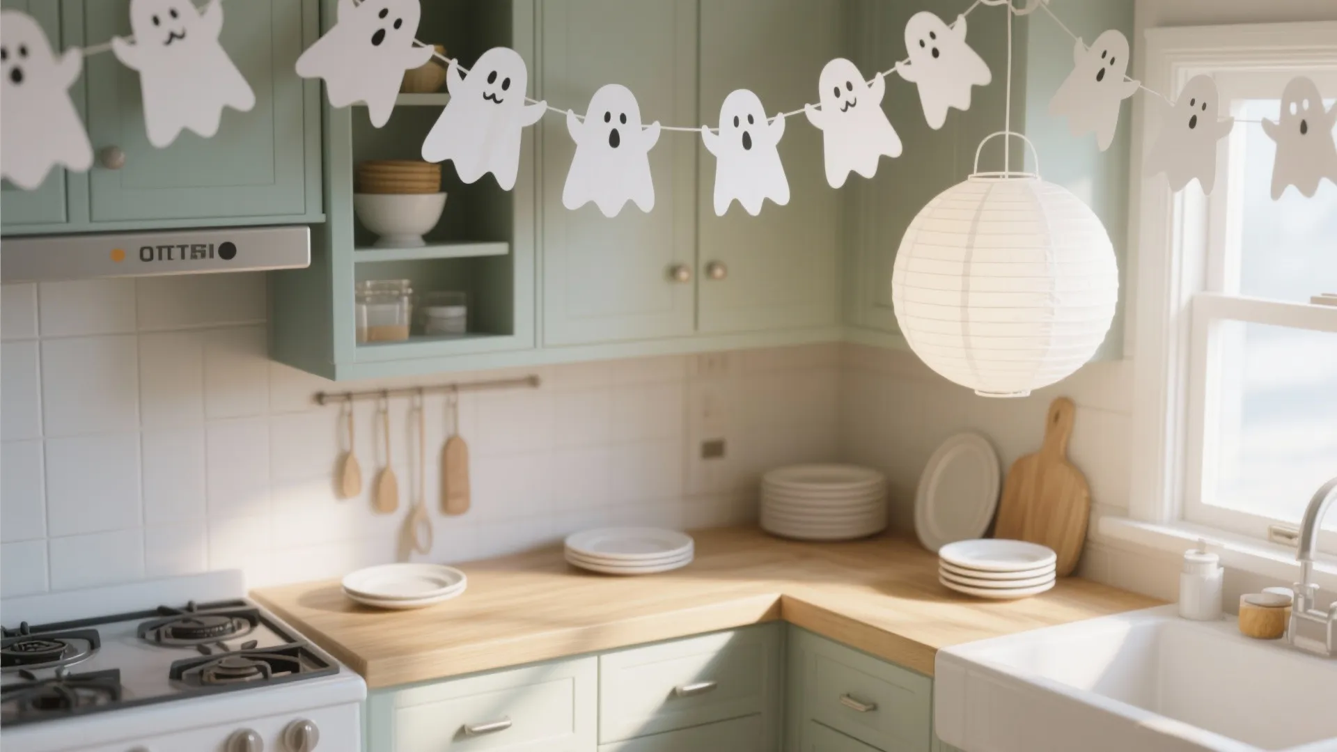 Modern green kitchen with ghost paper garland, wooden countertop, round paper ceiling light, and sink
